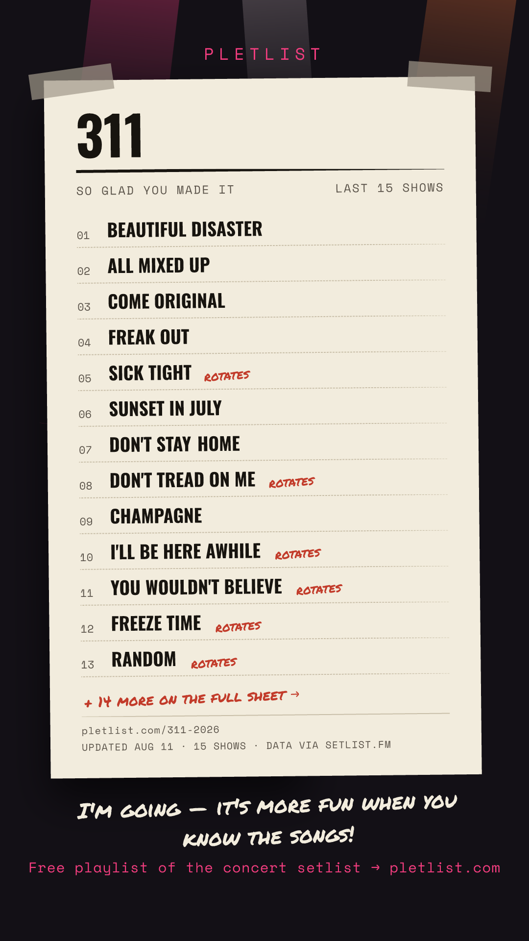 Shareable setlist sheet image for 311