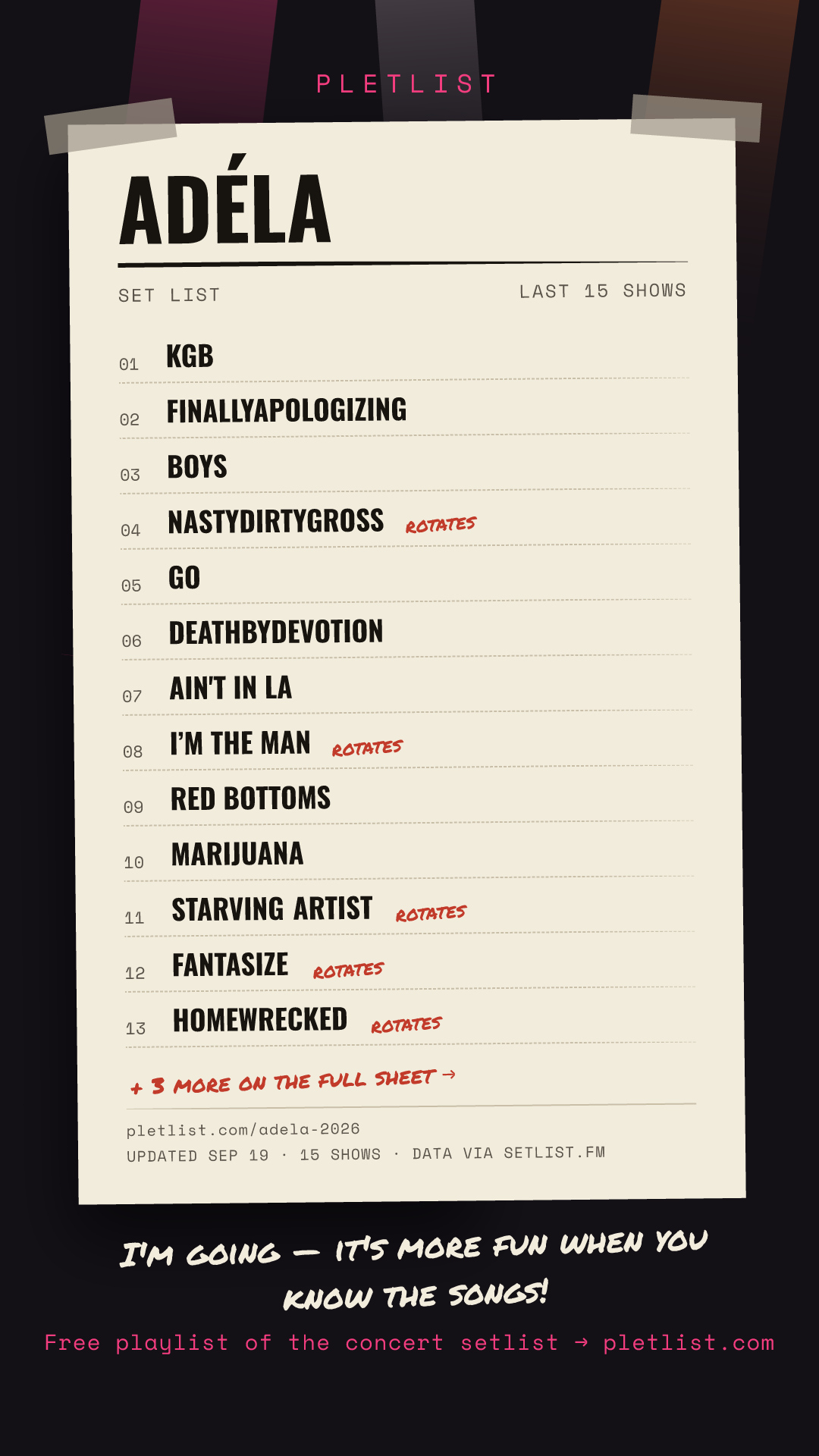 Shareable setlist sheet image for ADÉLA