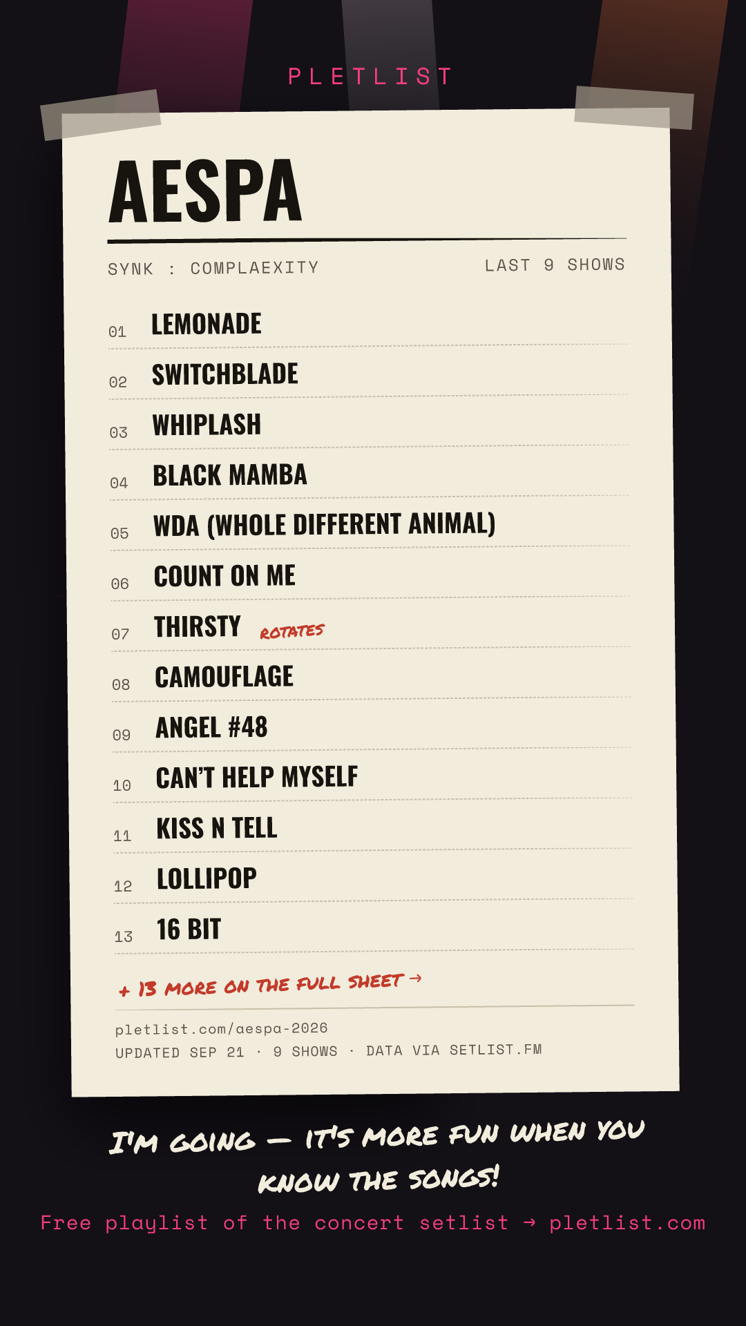 Shareable setlist sheet image for aespa