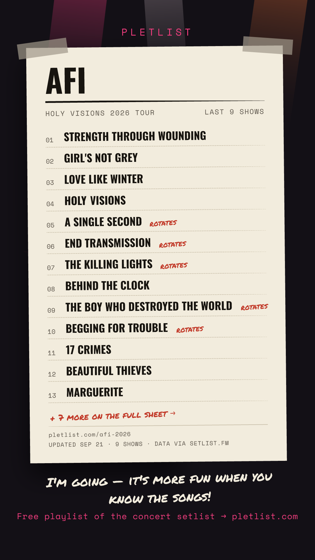 Shareable setlist sheet image for AFI