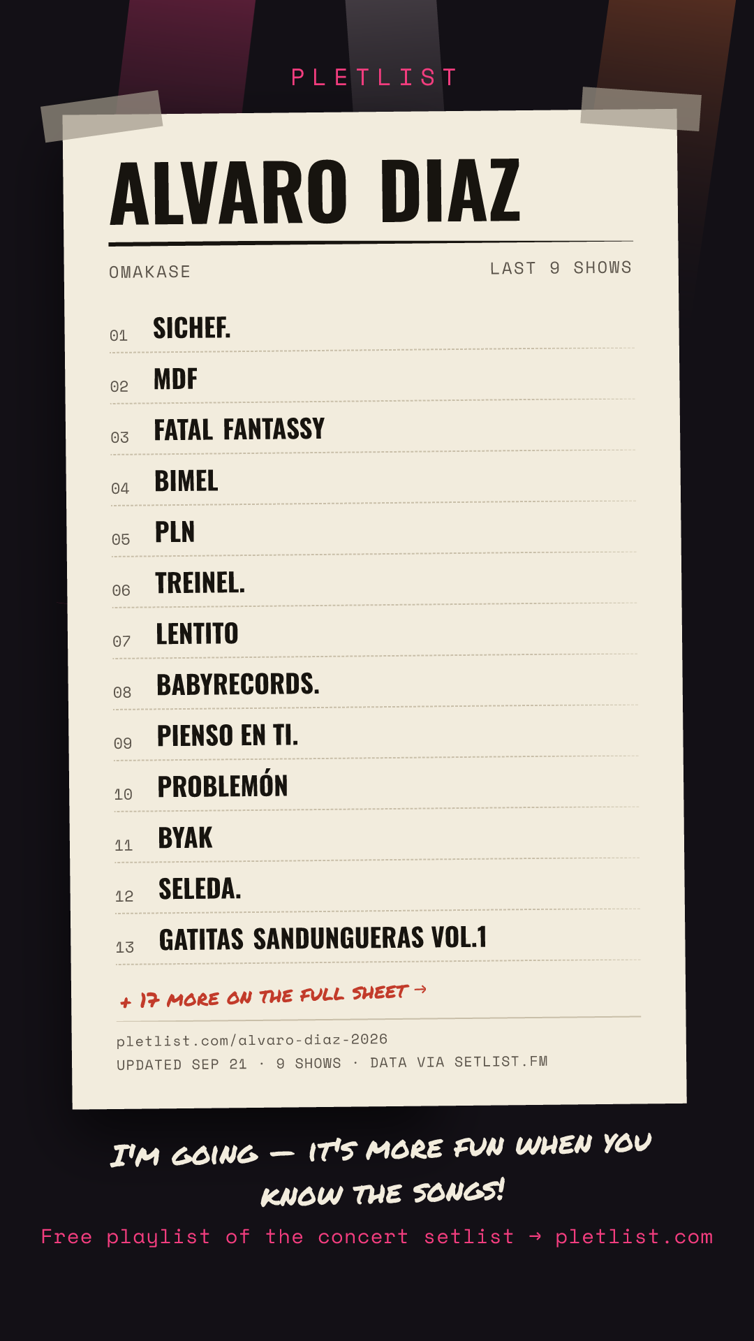 Shareable setlist sheet image for Alvaro Diaz