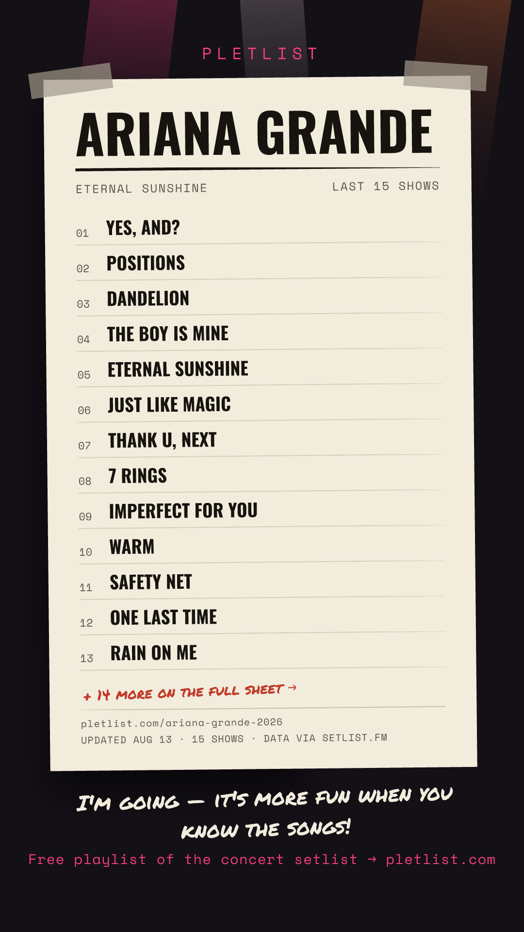 Shareable setlist sheet image for Ariana Grande