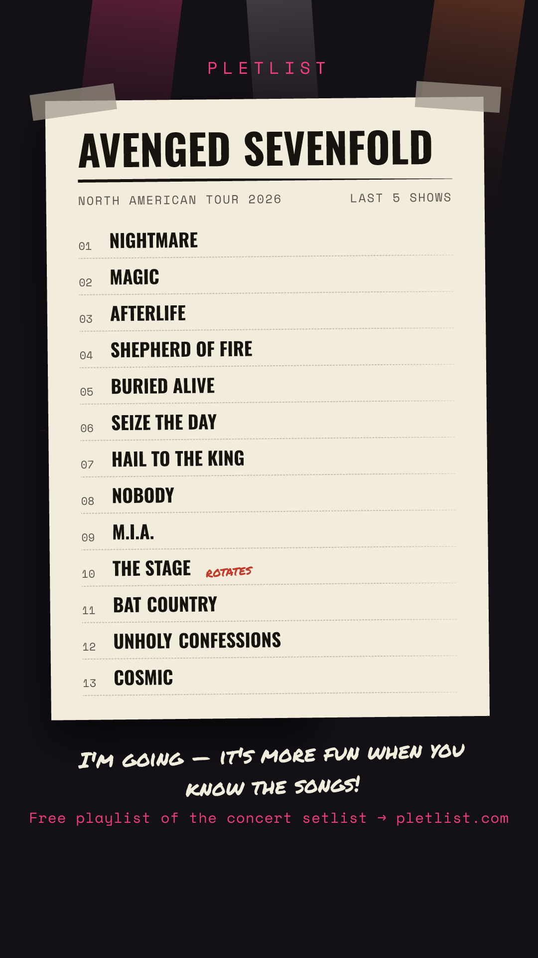 Shareable setlist sheet image for Avenged Sevenfold