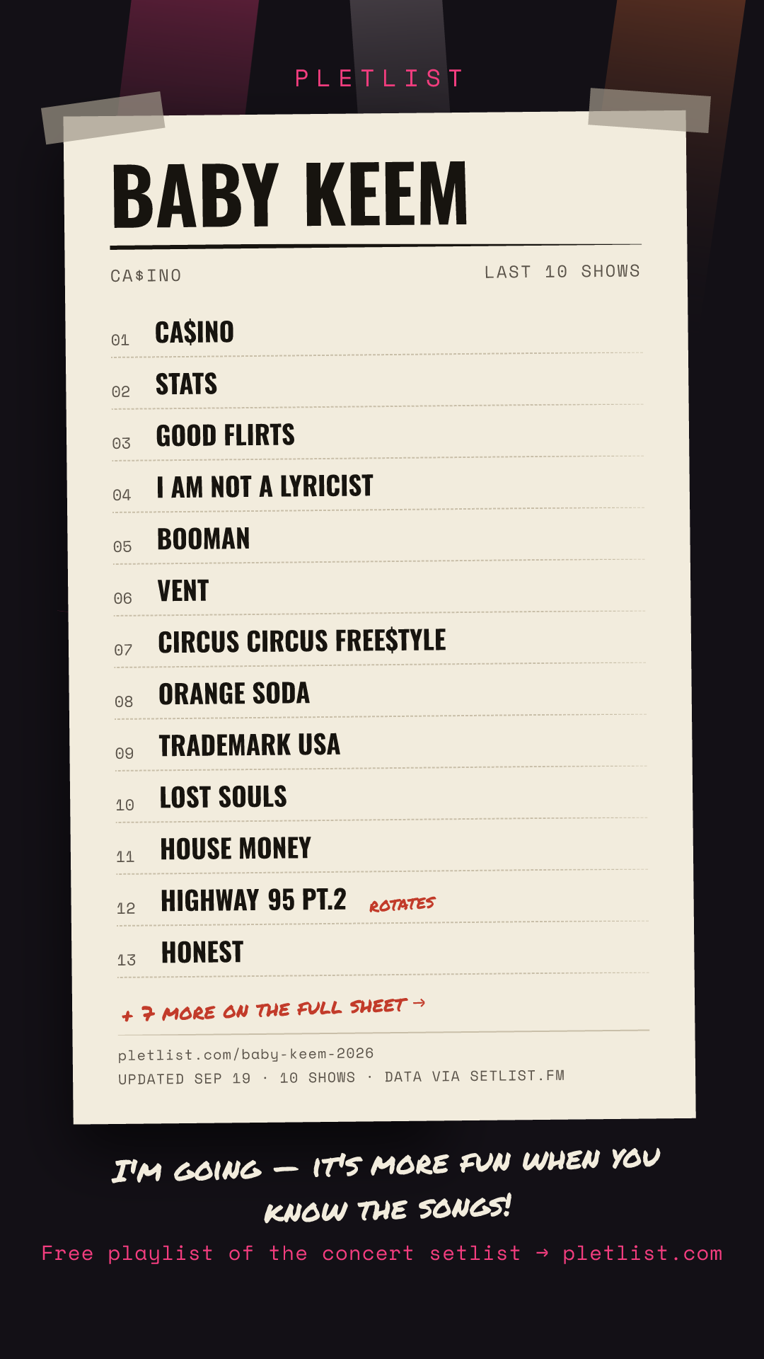 Shareable setlist sheet image for Baby Keem