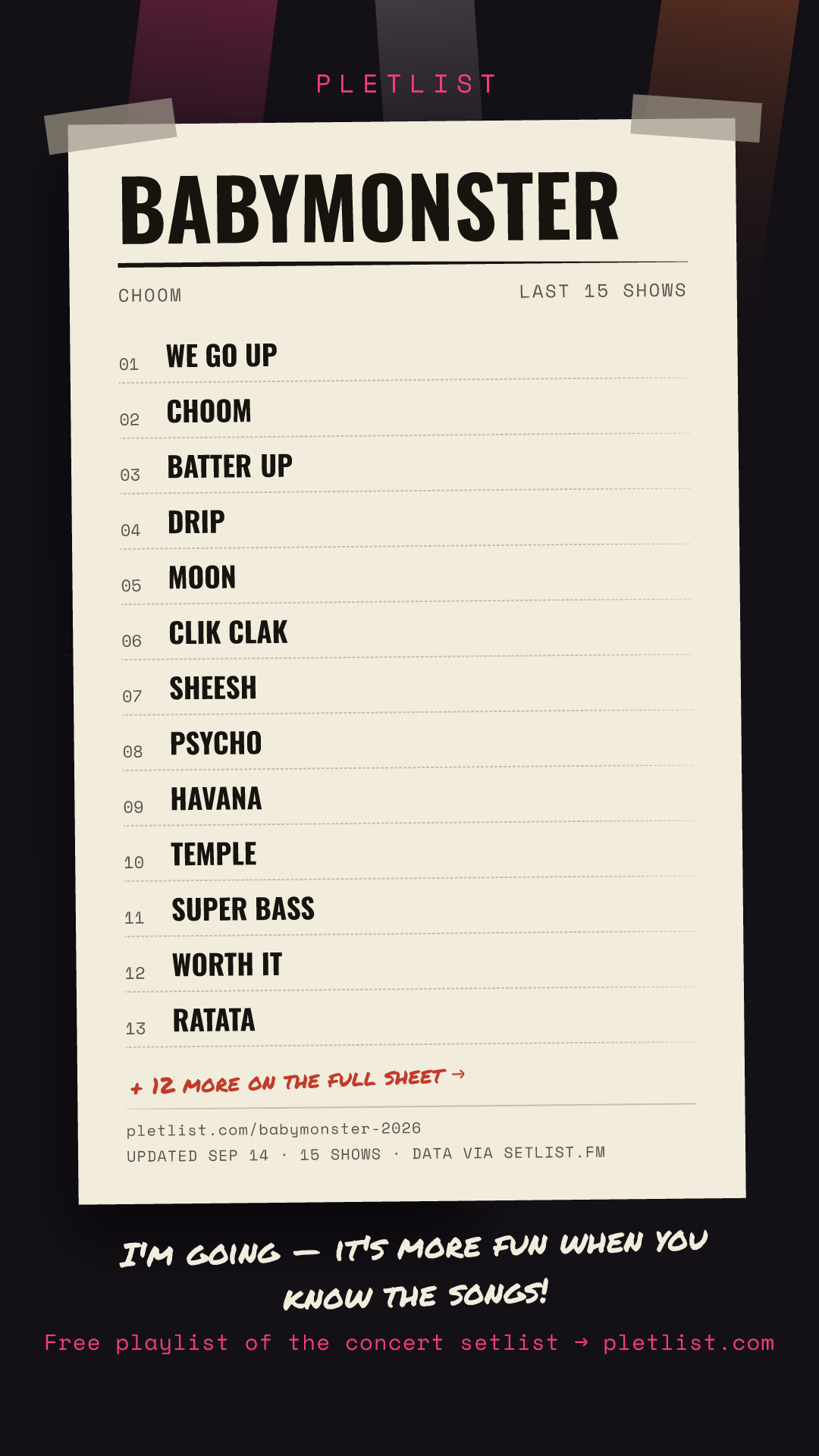 Shareable setlist sheet image for BABYMONSTER
