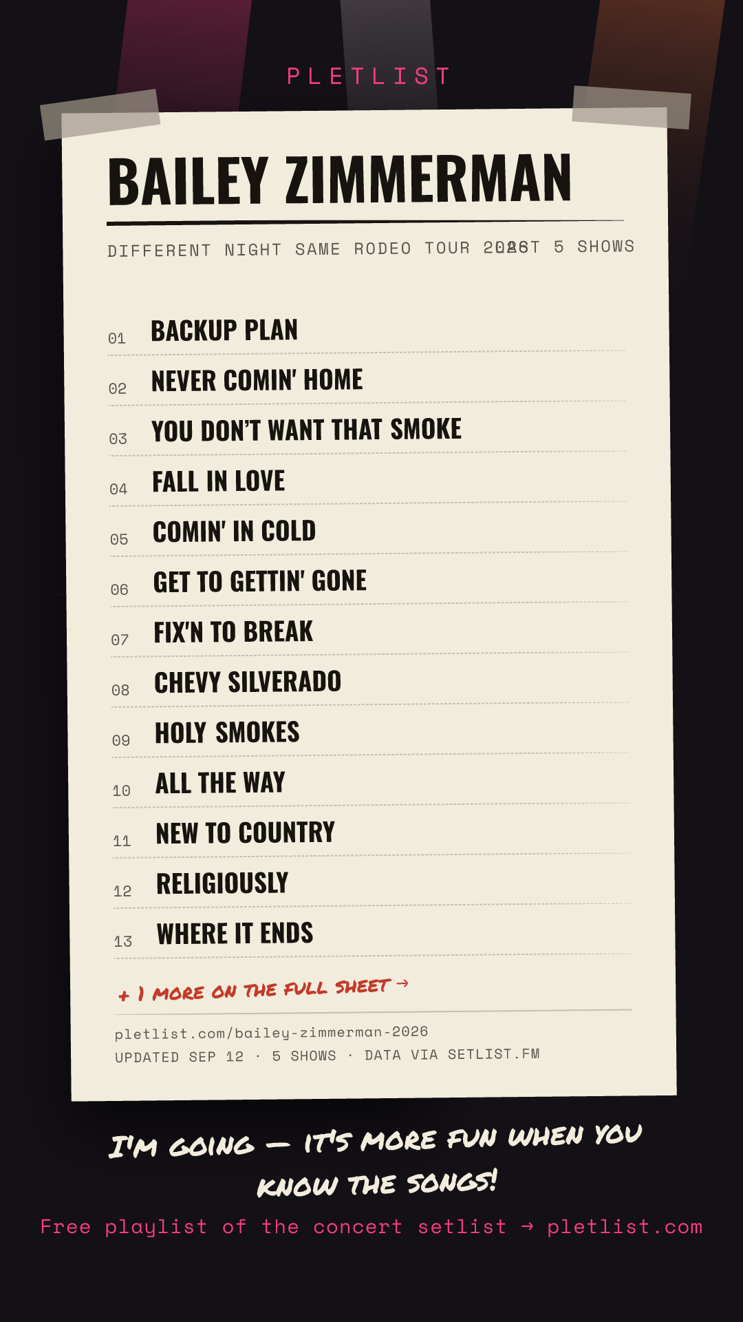 Shareable setlist sheet image for Bailey Zimmerman