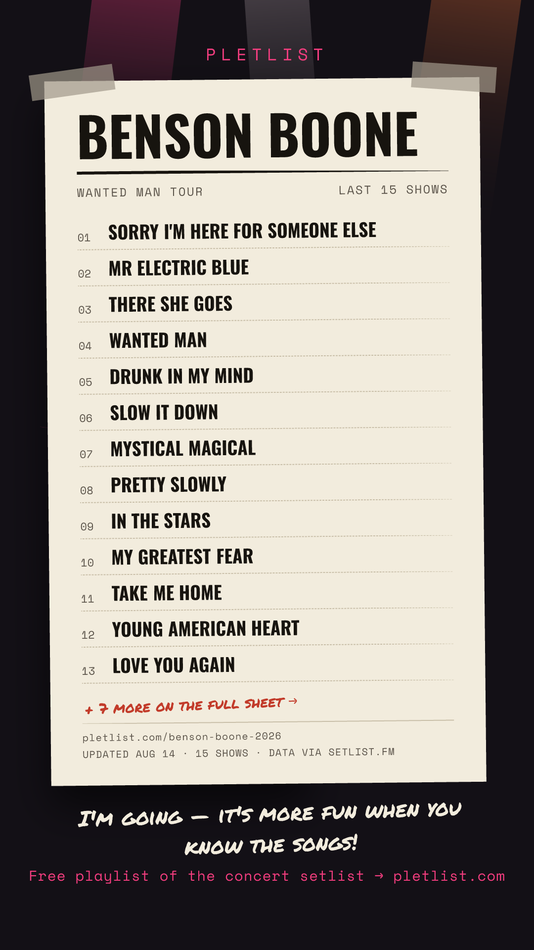 Shareable setlist sheet image for Benson Boone