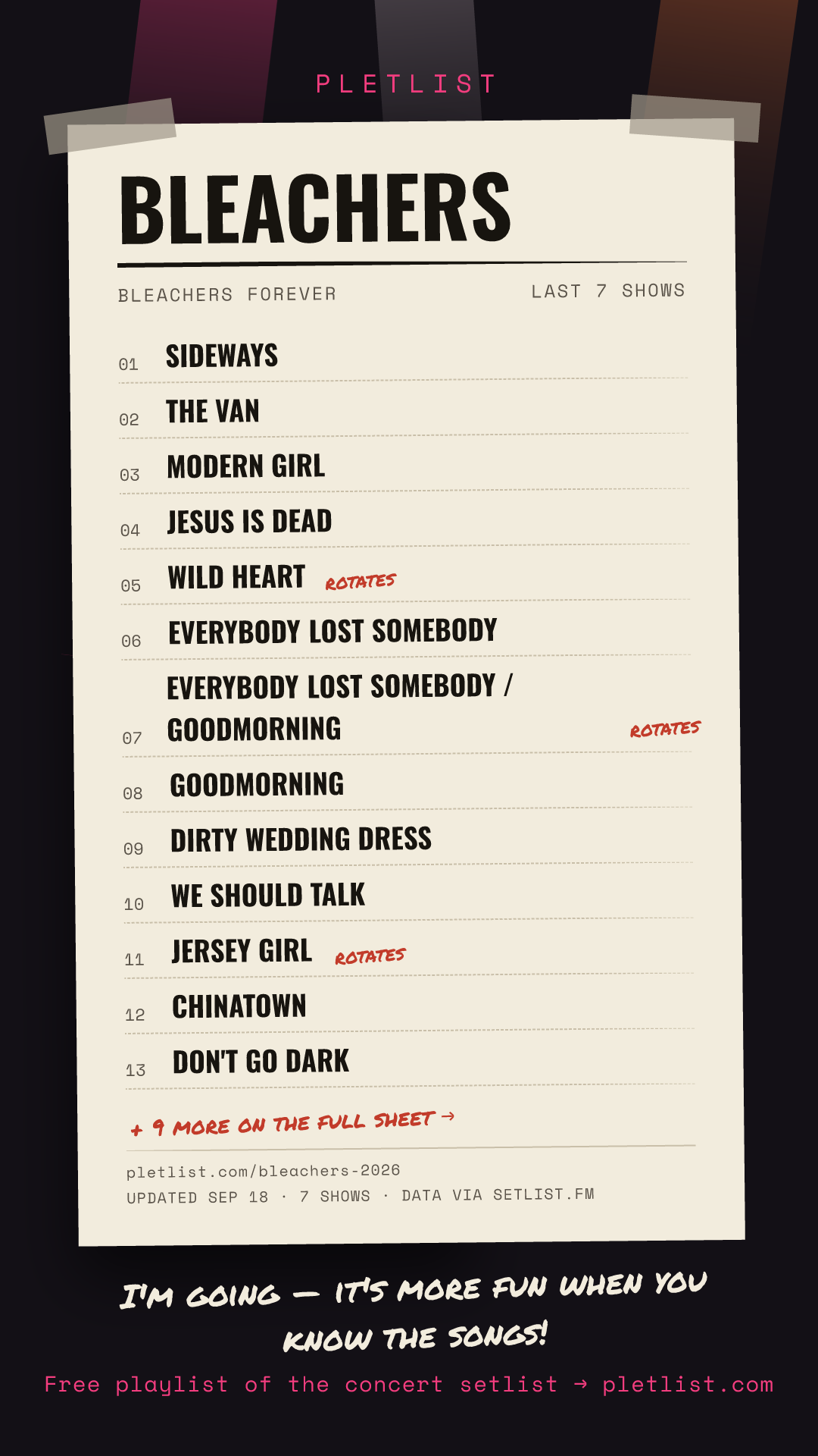 Shareable setlist sheet image for Bleachers