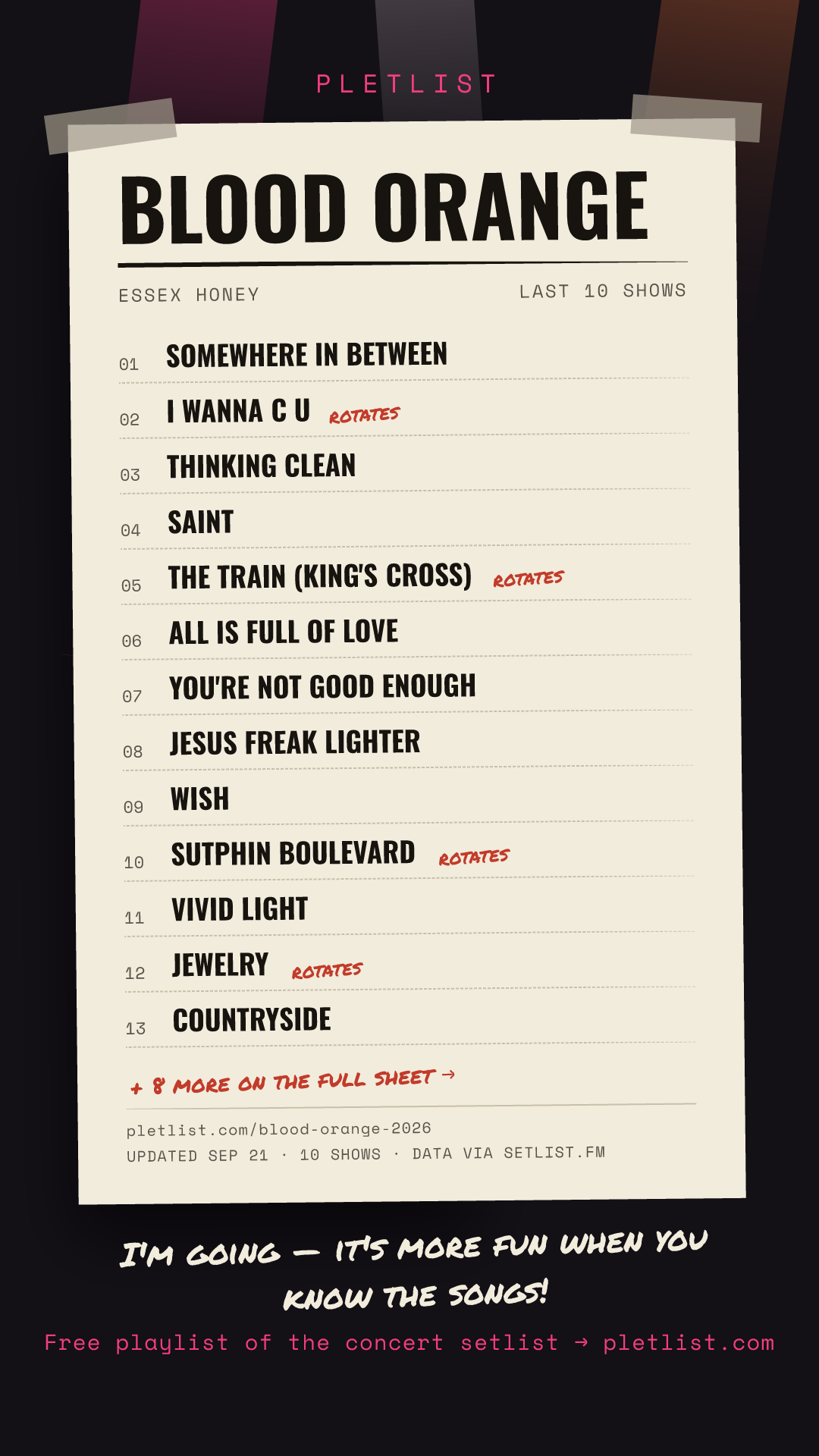 Shareable setlist sheet image for Blood Orange