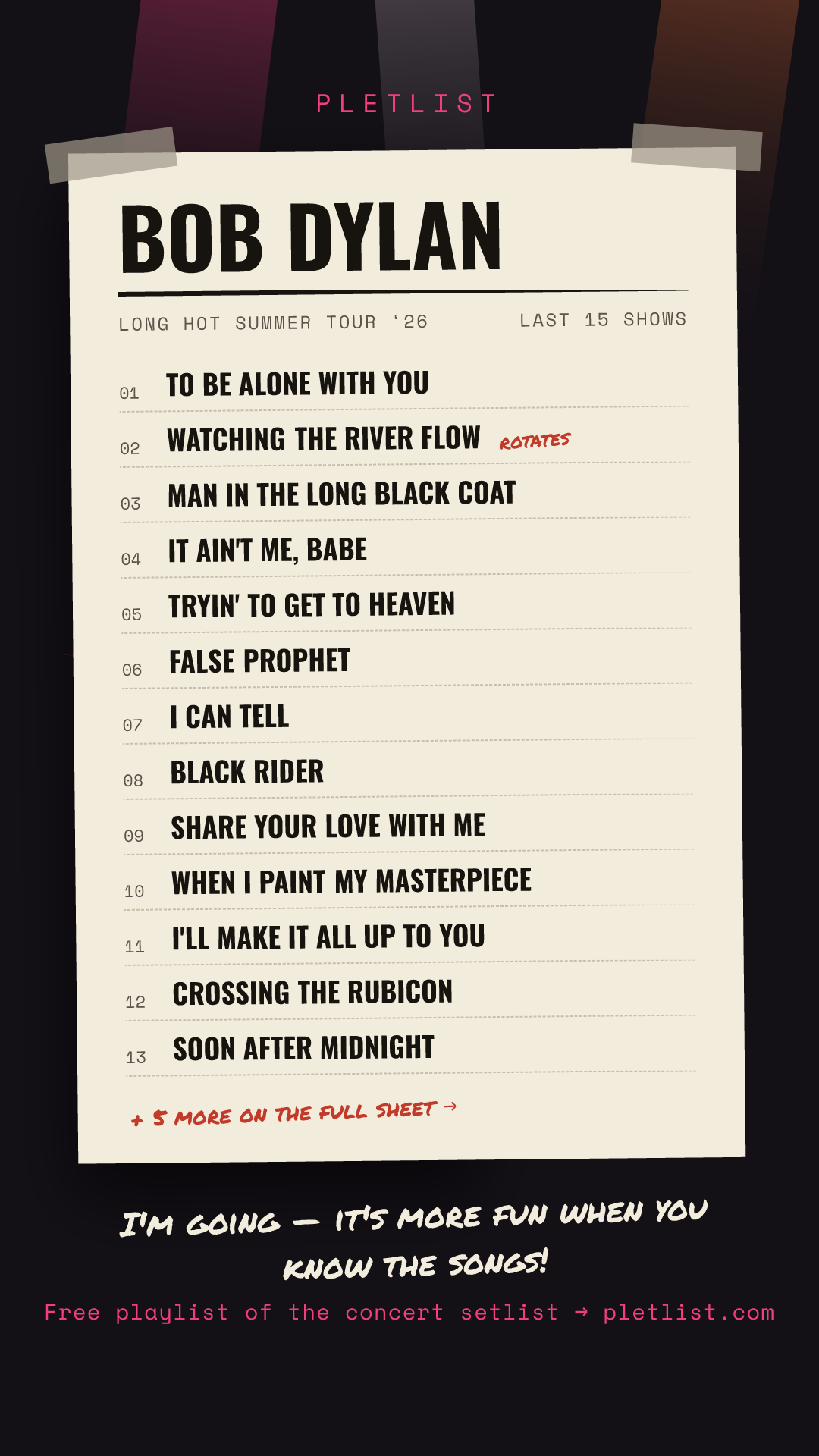 Shareable setlist sheet image for Bob Dylan