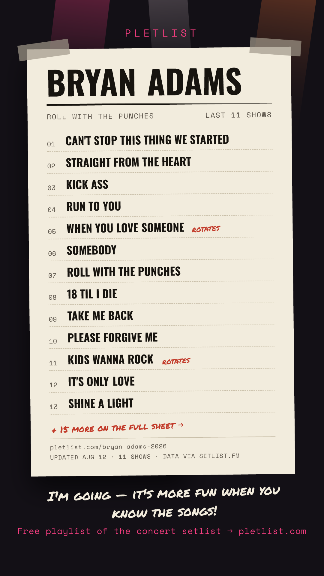 Shareable setlist sheet image for Bryan Adams