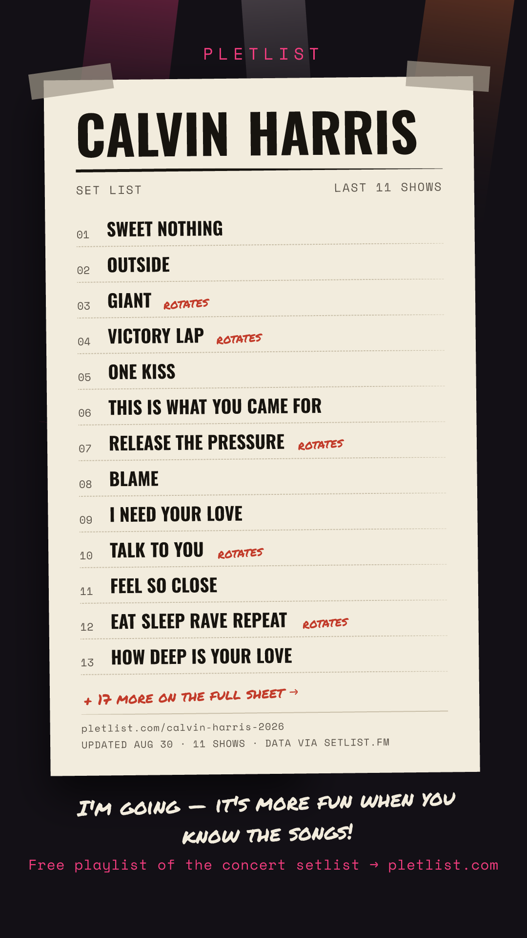 Shareable setlist sheet image for Calvin Harris