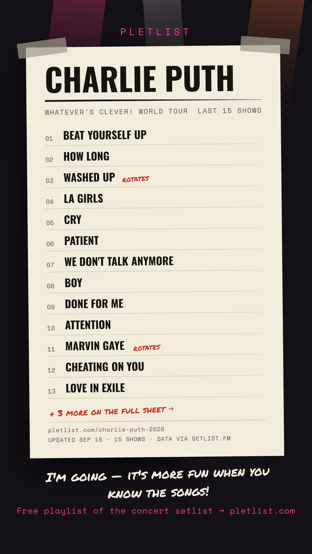 Shareable setlist sheet image for Charlie Puth