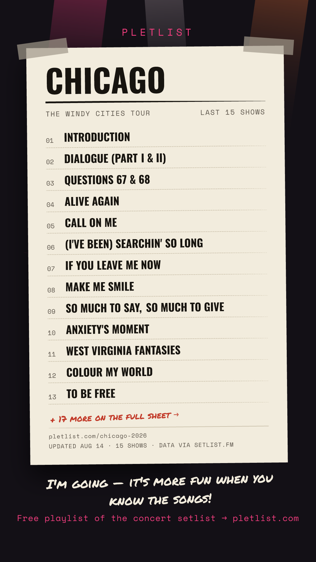 Shareable setlist sheet image for Chicago