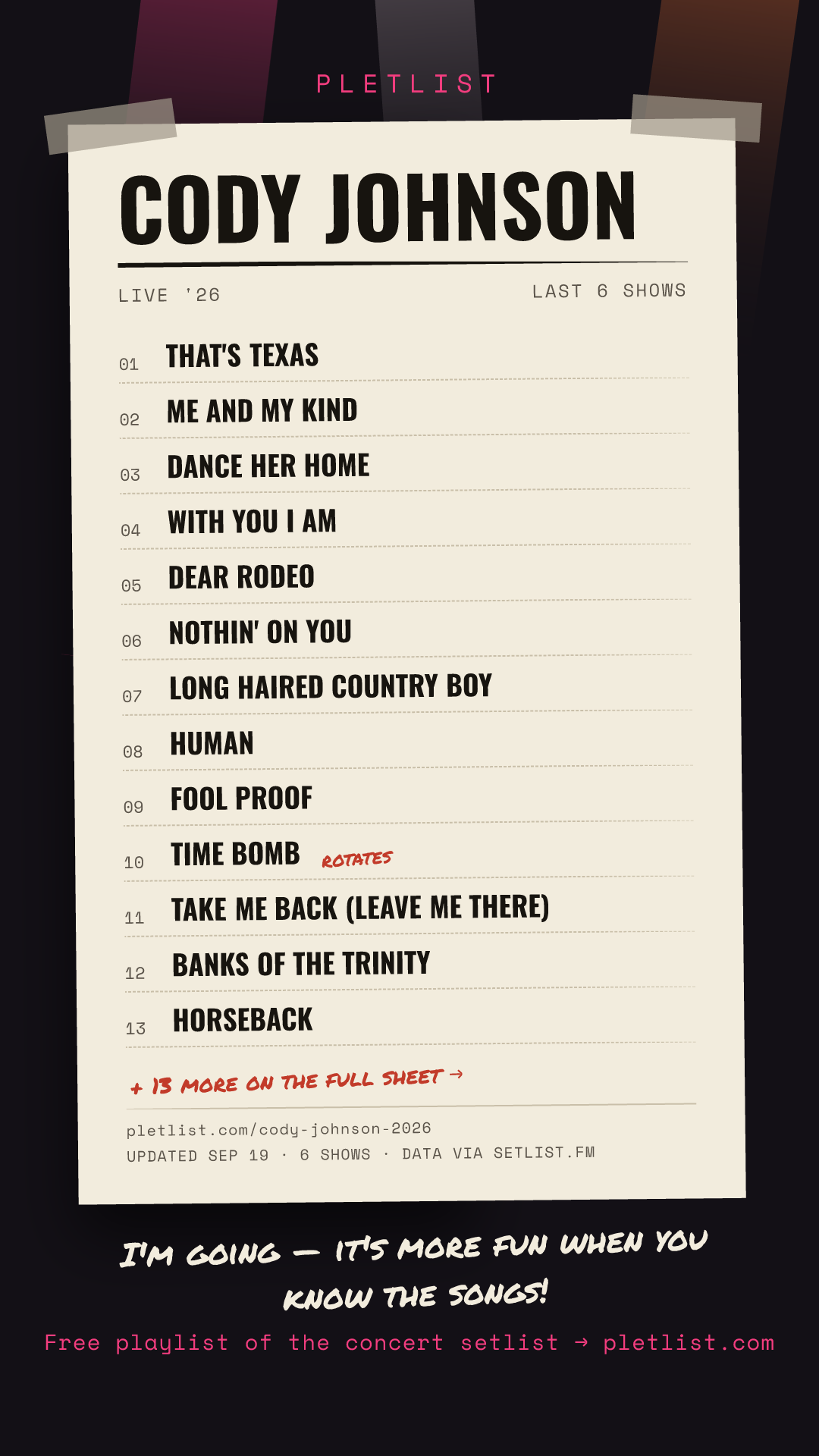 Shareable setlist sheet image for Cody Johnson