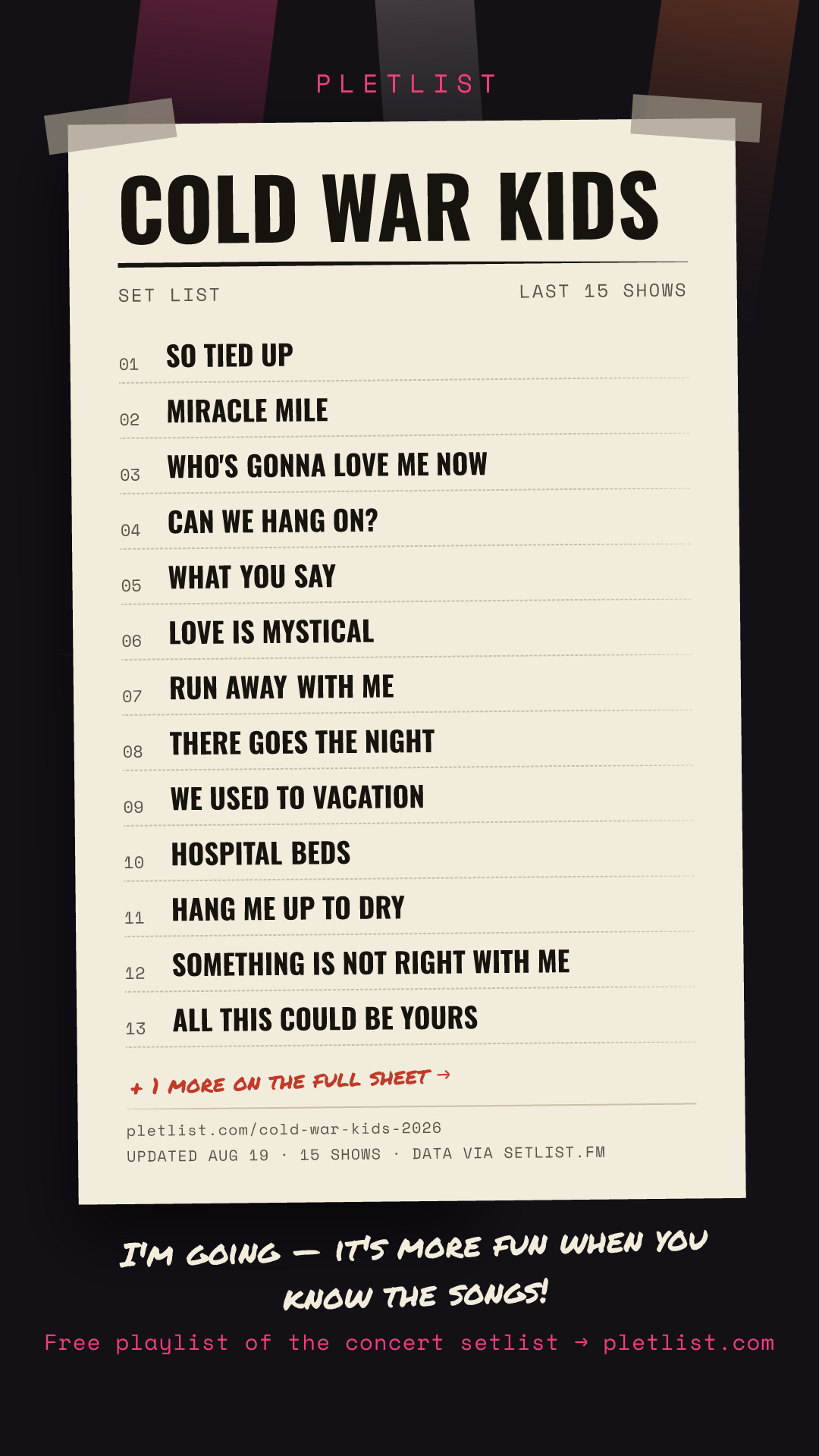 Shareable setlist sheet image for Cold War Kids