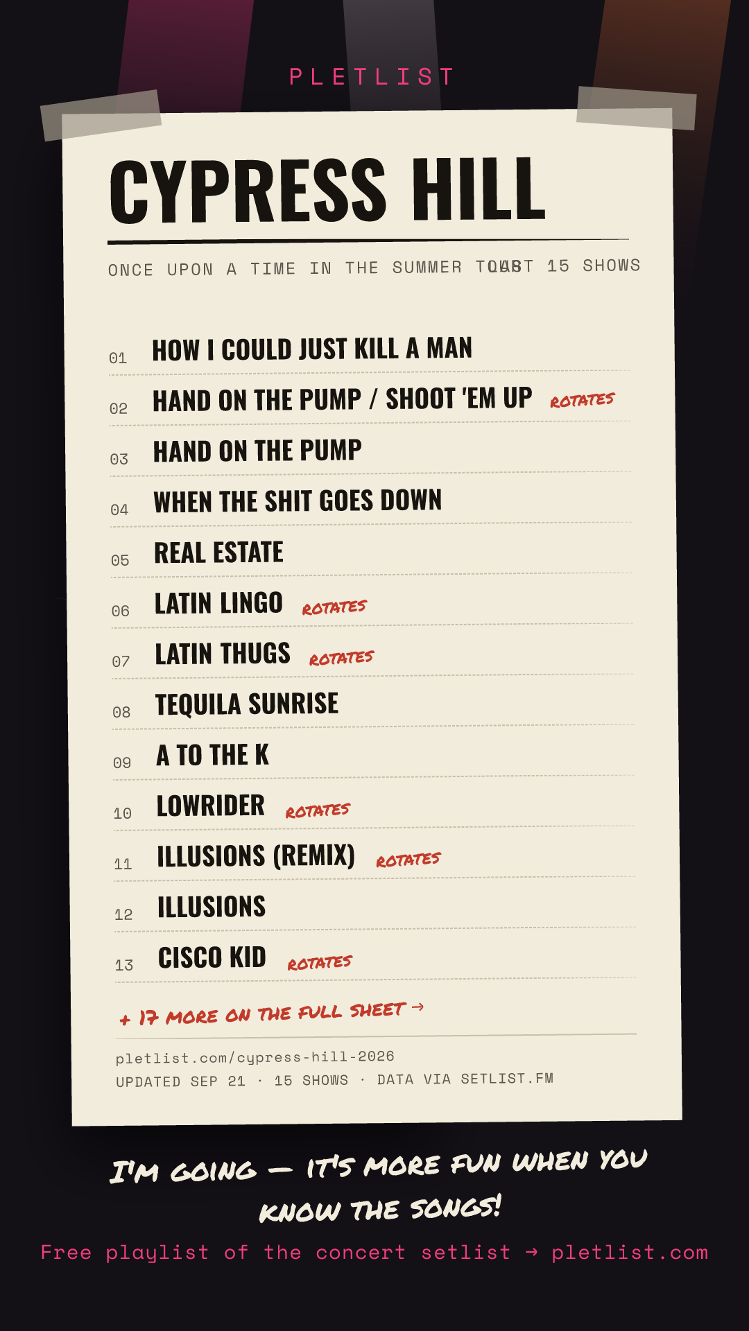 Shareable setlist sheet image for Cypress Hill