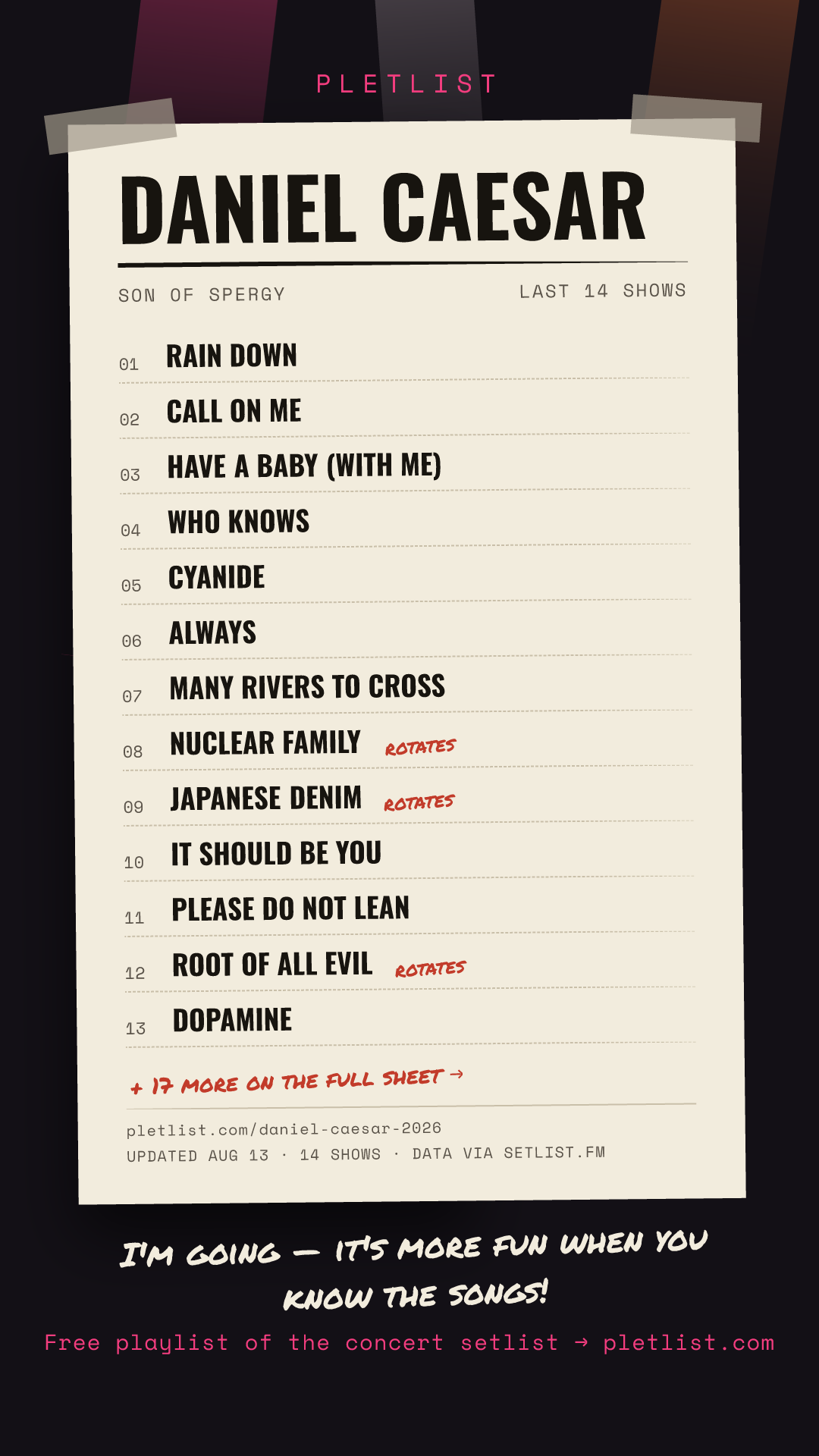 Shareable setlist sheet image for Daniel Caesar