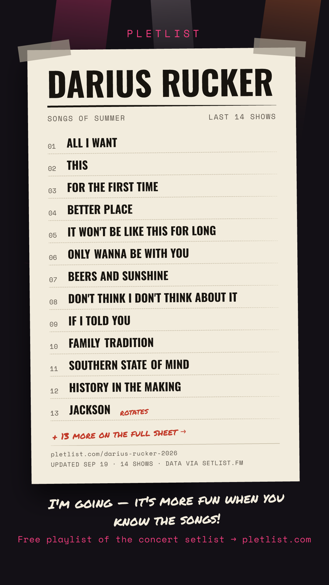 Shareable setlist sheet image for Darius Rucker