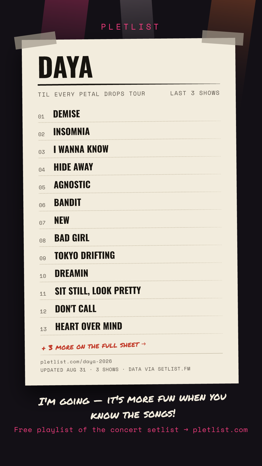 Shareable setlist sheet image for Daya
