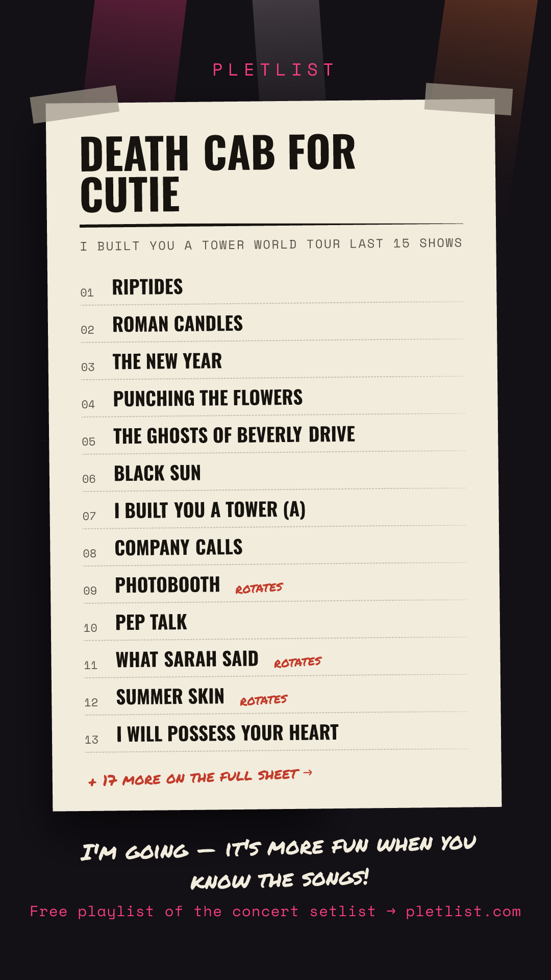 Shareable setlist sheet image for Death Cab for Cutie