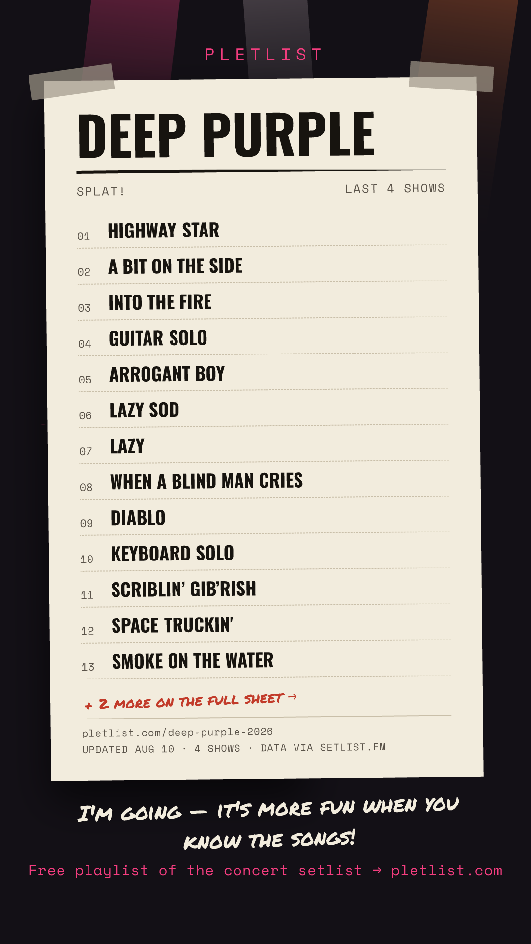 Shareable setlist sheet image for Deep Purple