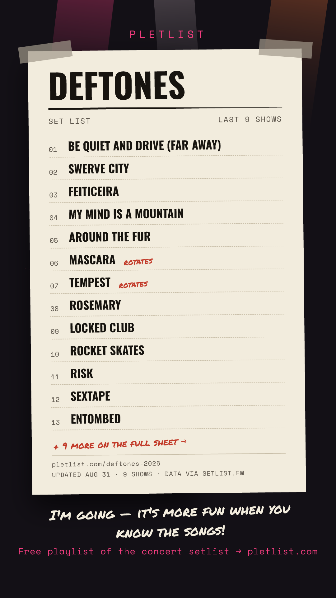 Shareable setlist sheet image for Deftones