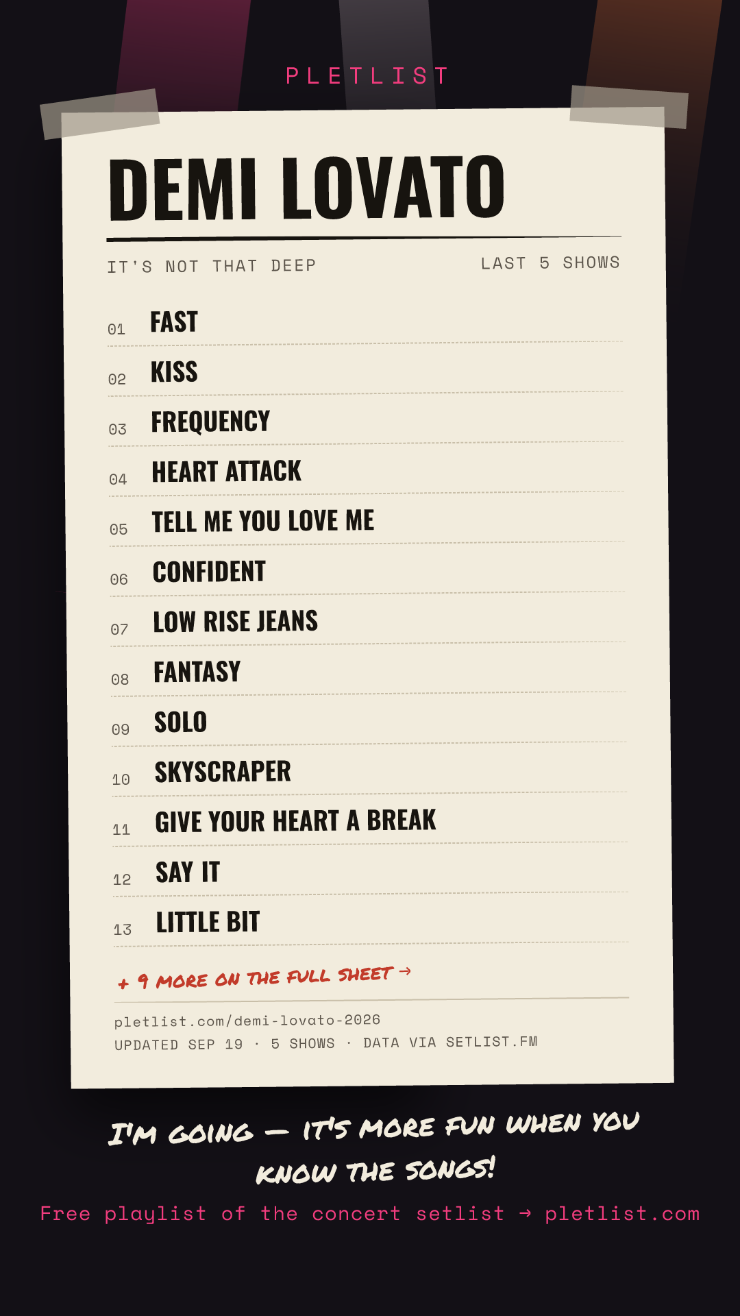 Shareable setlist sheet image for Demi Lovato