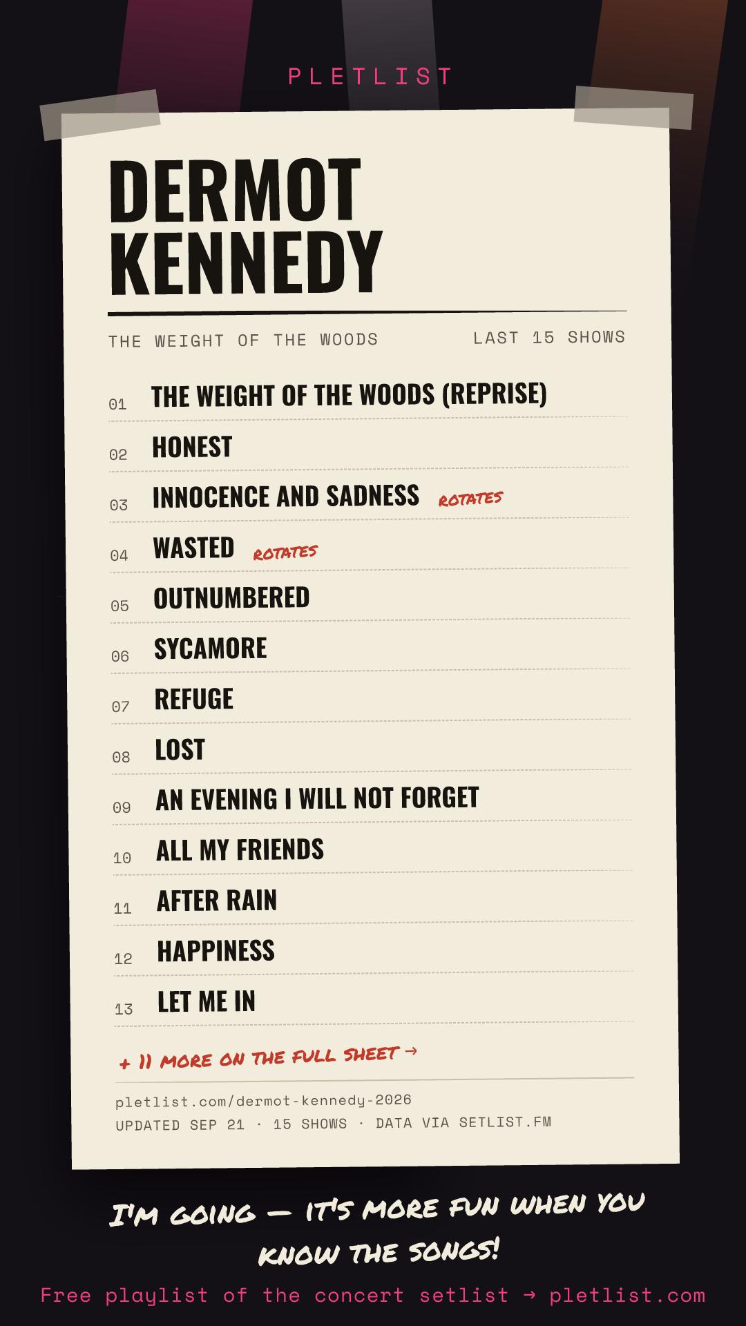 Shareable setlist sheet image for Dermot Kennedy