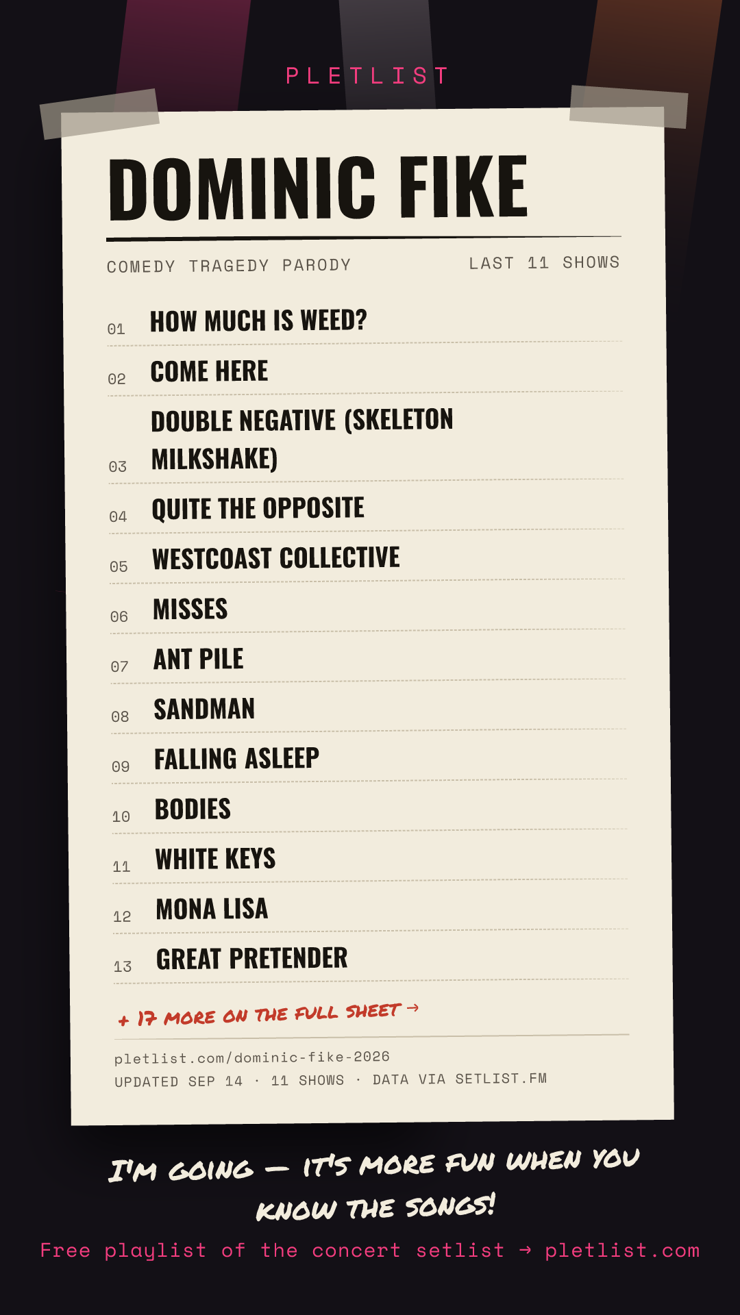 Shareable setlist sheet image for Dominic Fike