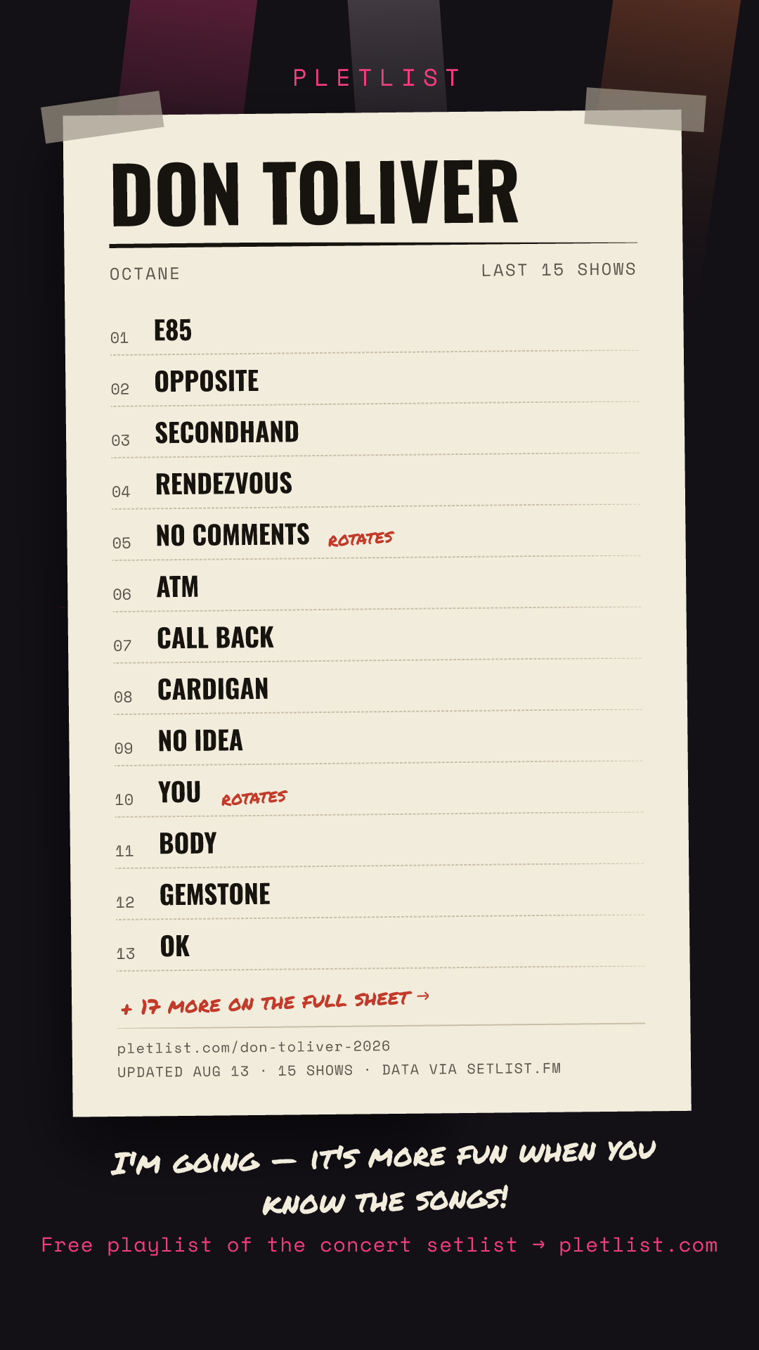 Shareable setlist sheet image for Don Toliver