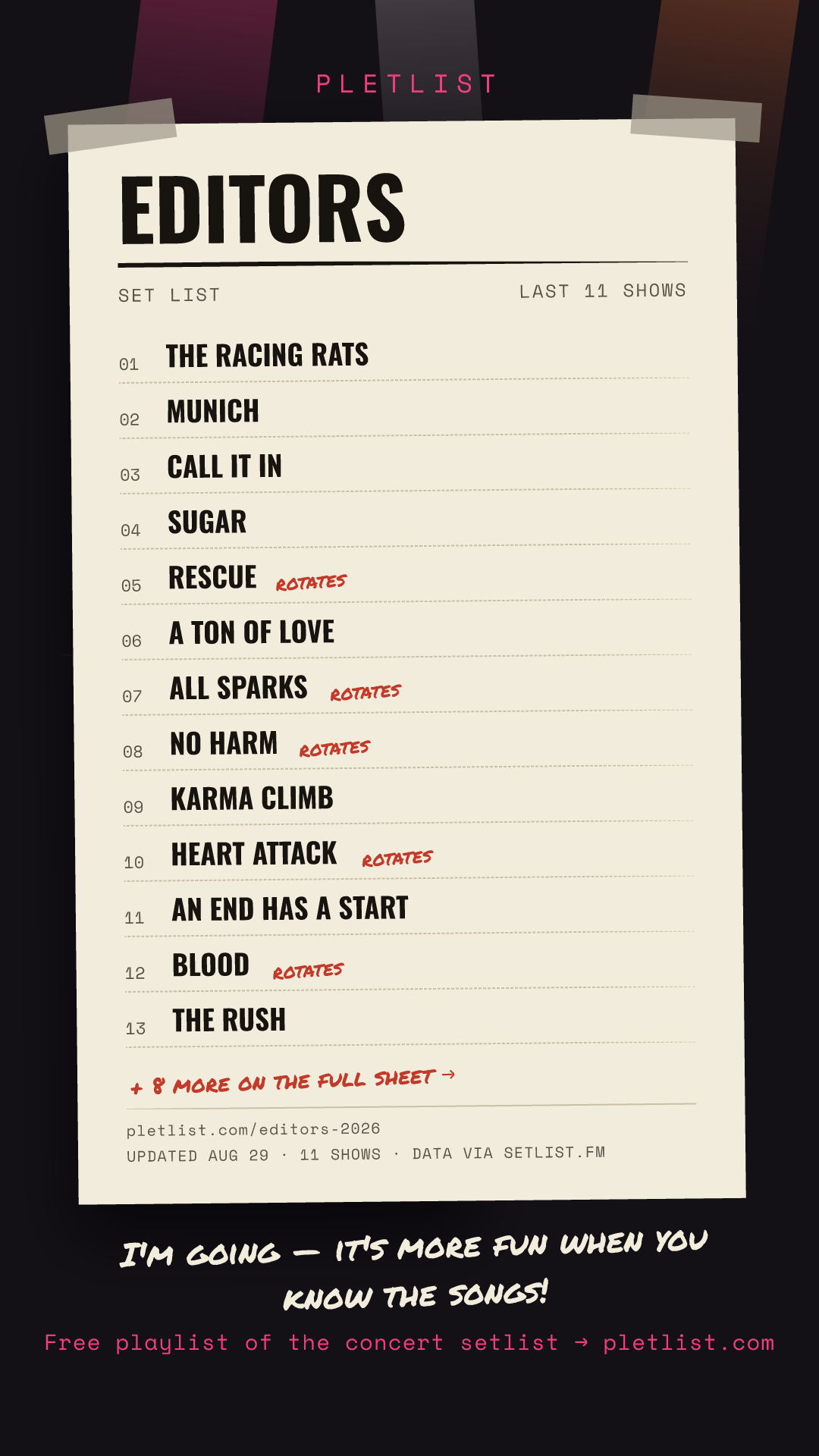 Shareable setlist sheet image for Editors