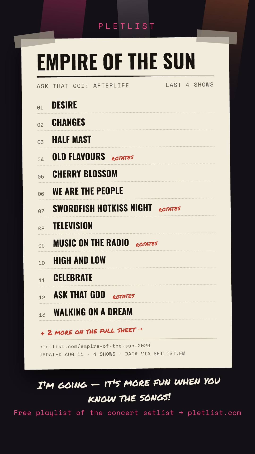 Shareable setlist sheet image for Empire of the Sun