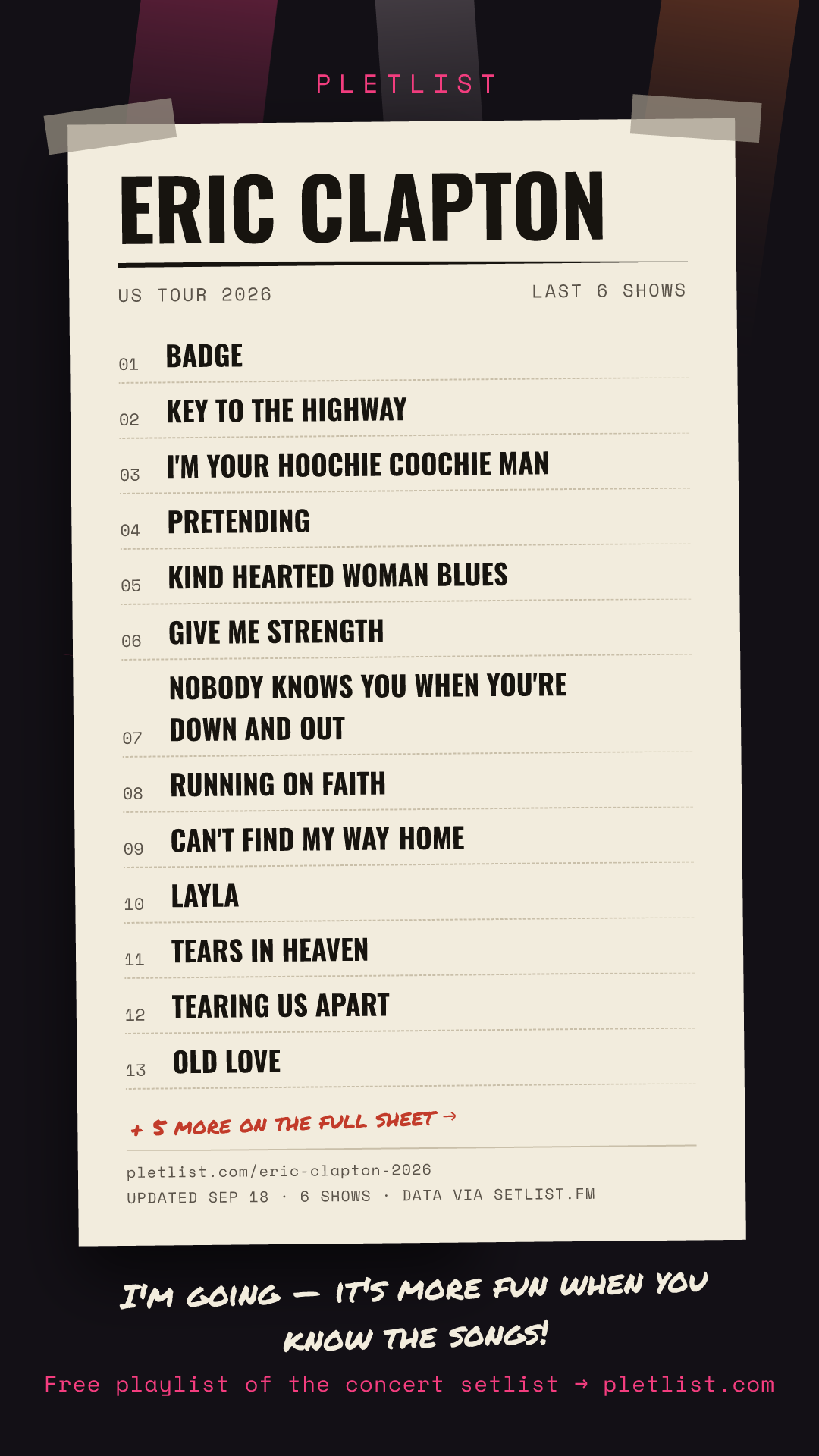 Shareable setlist sheet image for Eric Clapton