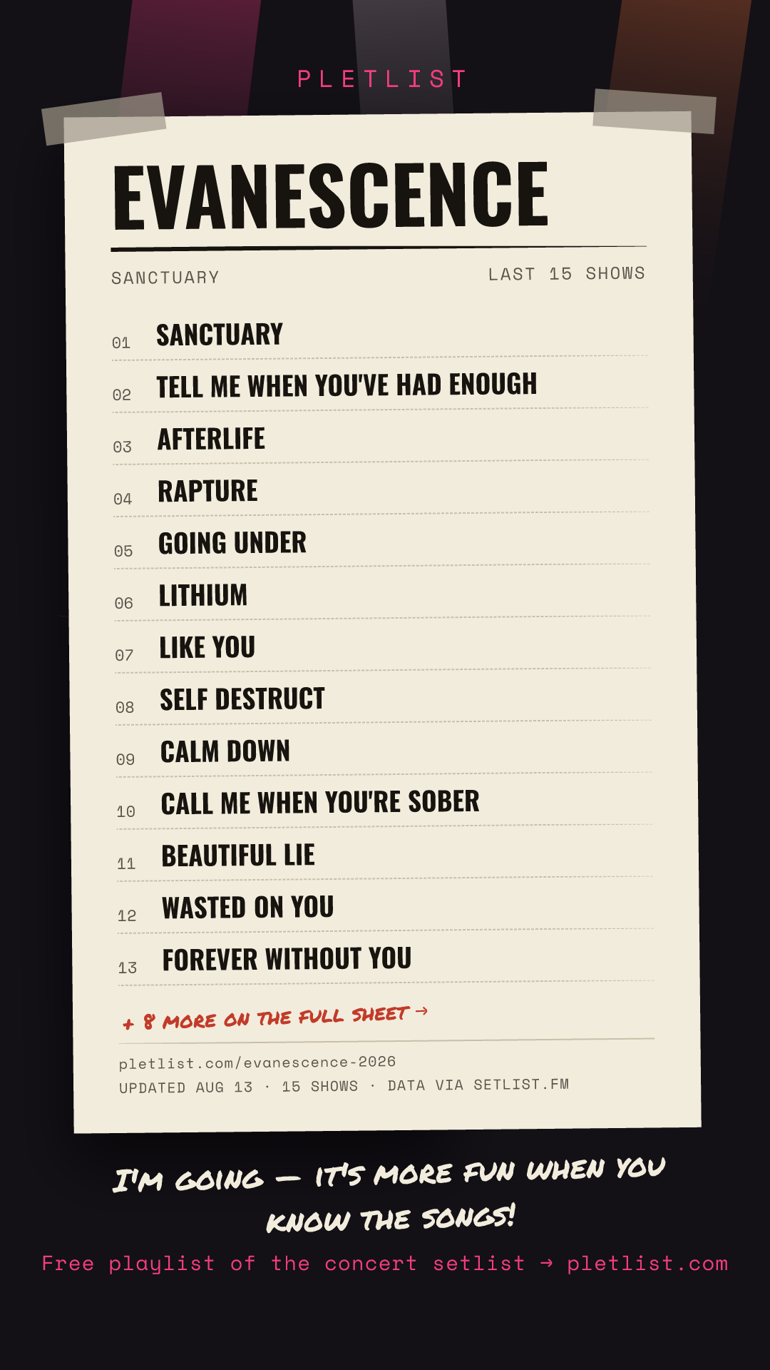Shareable setlist sheet image for Evanescence