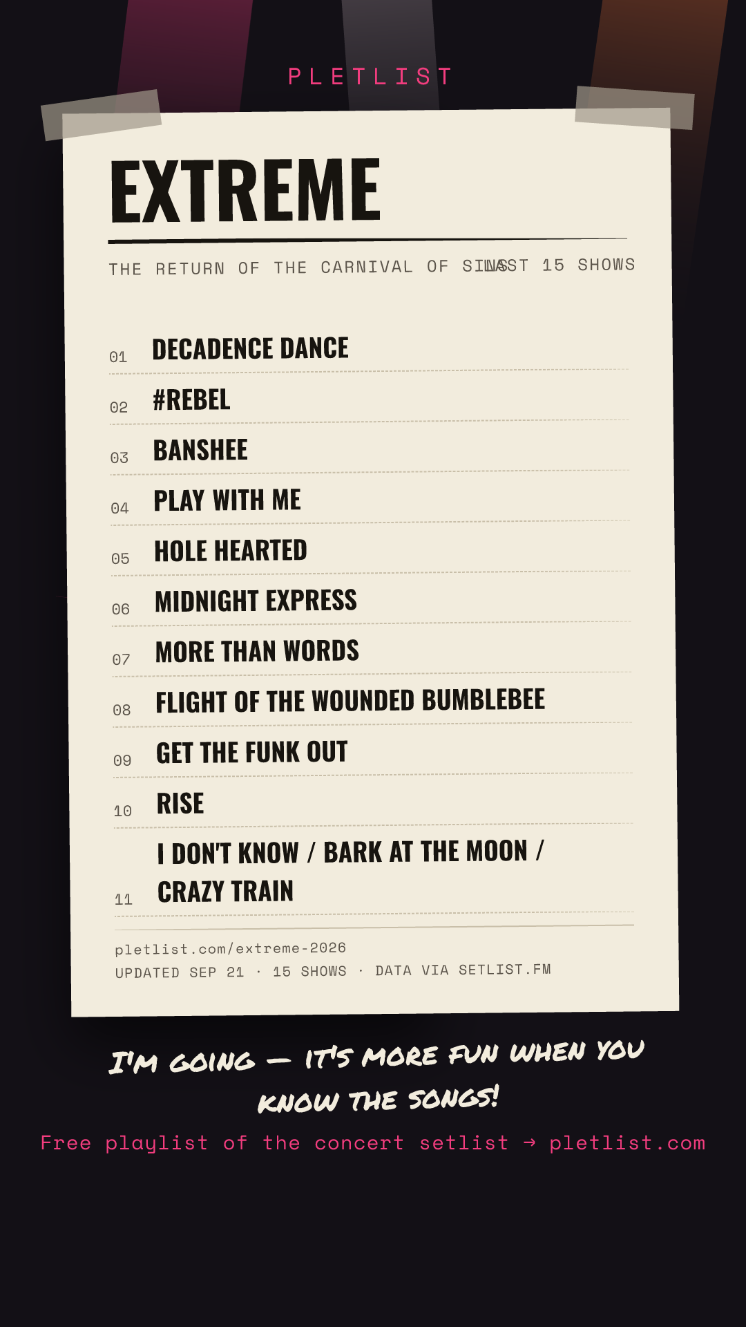 Shareable setlist sheet image for Extreme