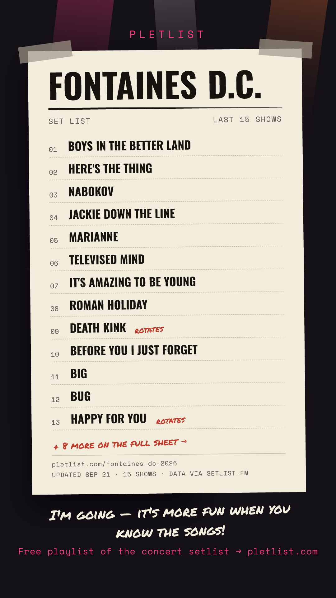 Shareable setlist sheet image for Fontaines D.C.
