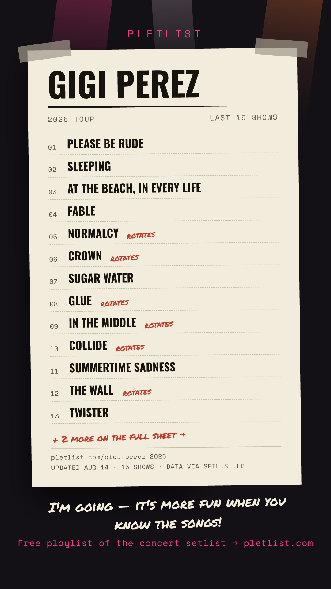Shareable setlist sheet image for Gigi Perez