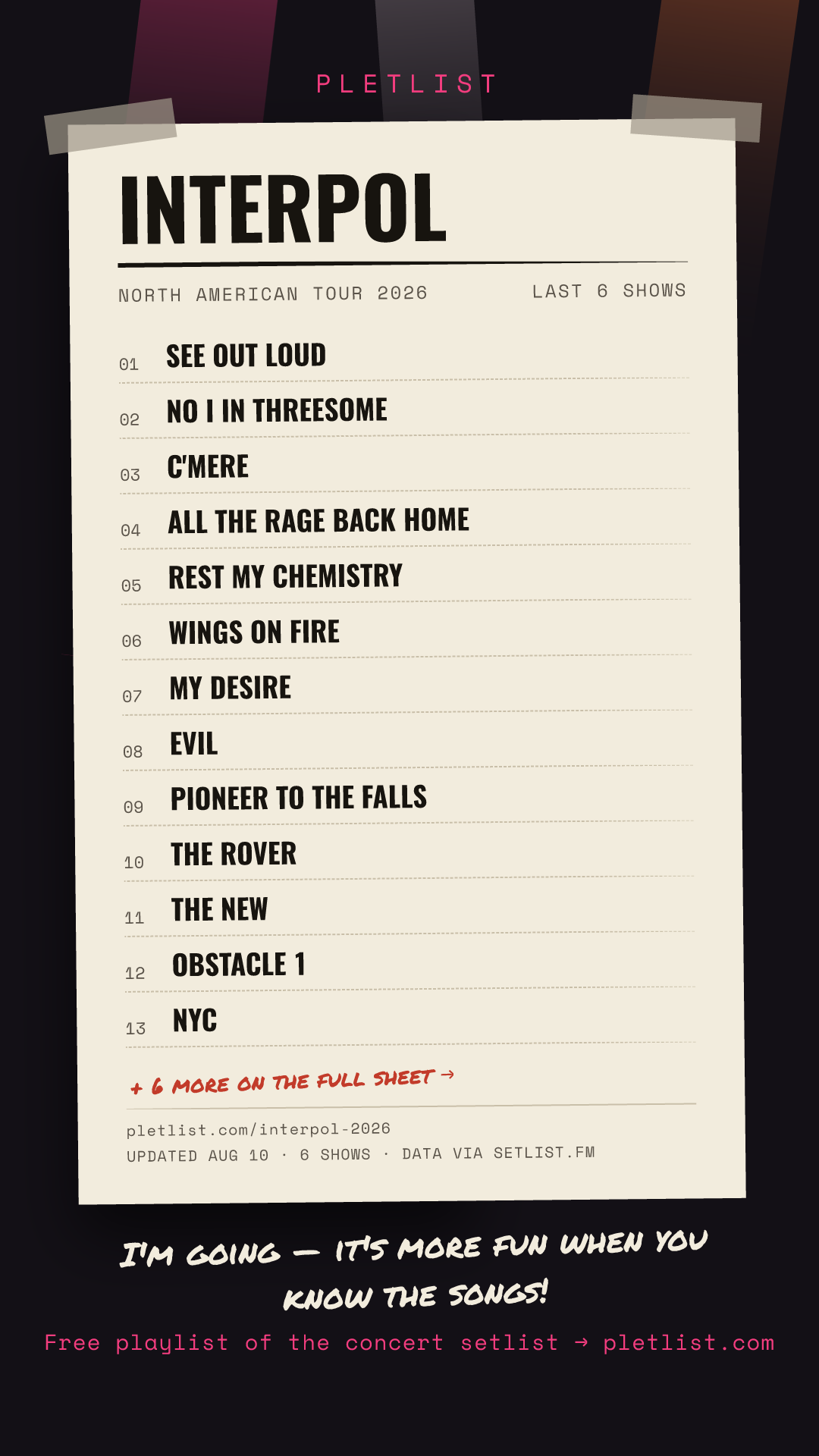 Shareable setlist sheet image for Interpol