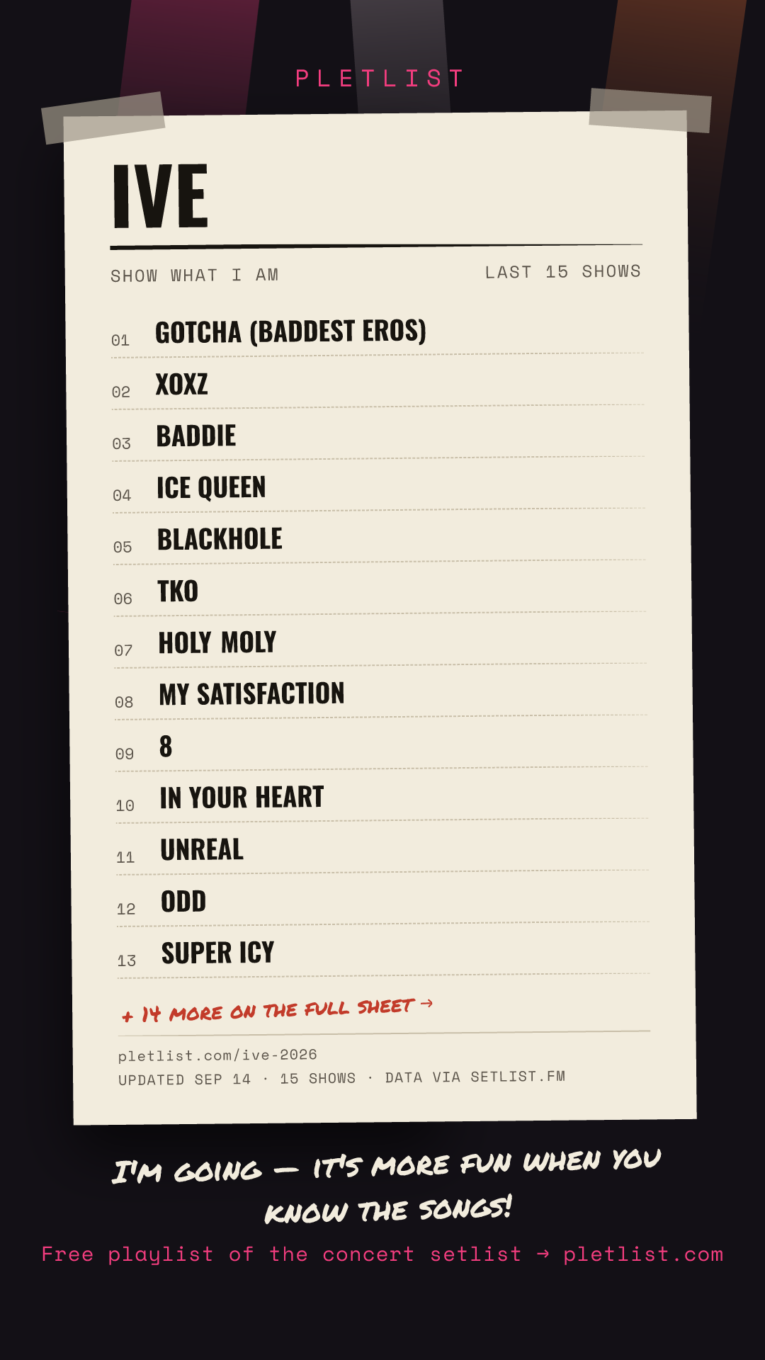Shareable setlist sheet image for IVE