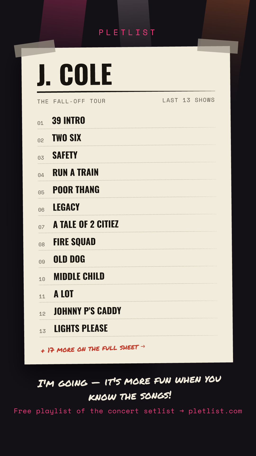 Shareable setlist sheet image for J. Cole