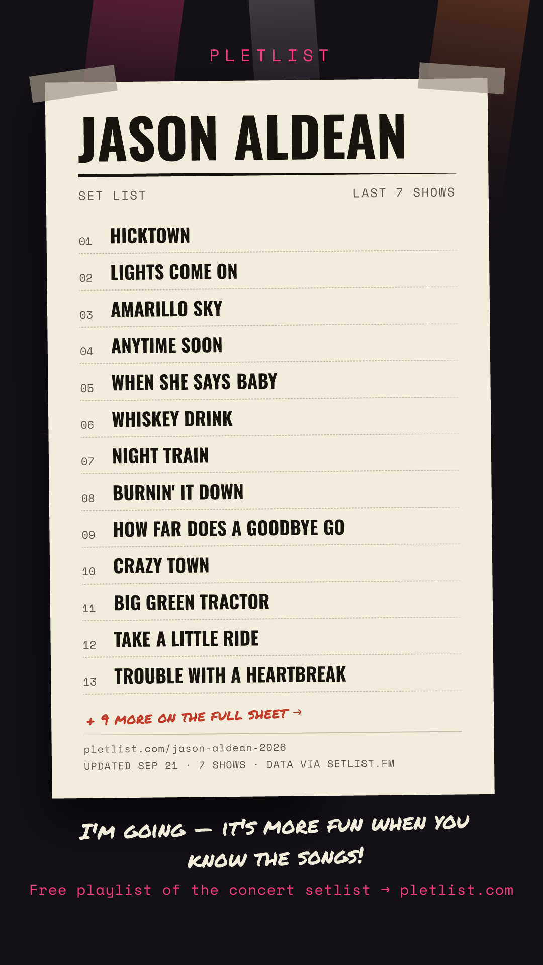 Shareable setlist sheet image for Jason Aldean