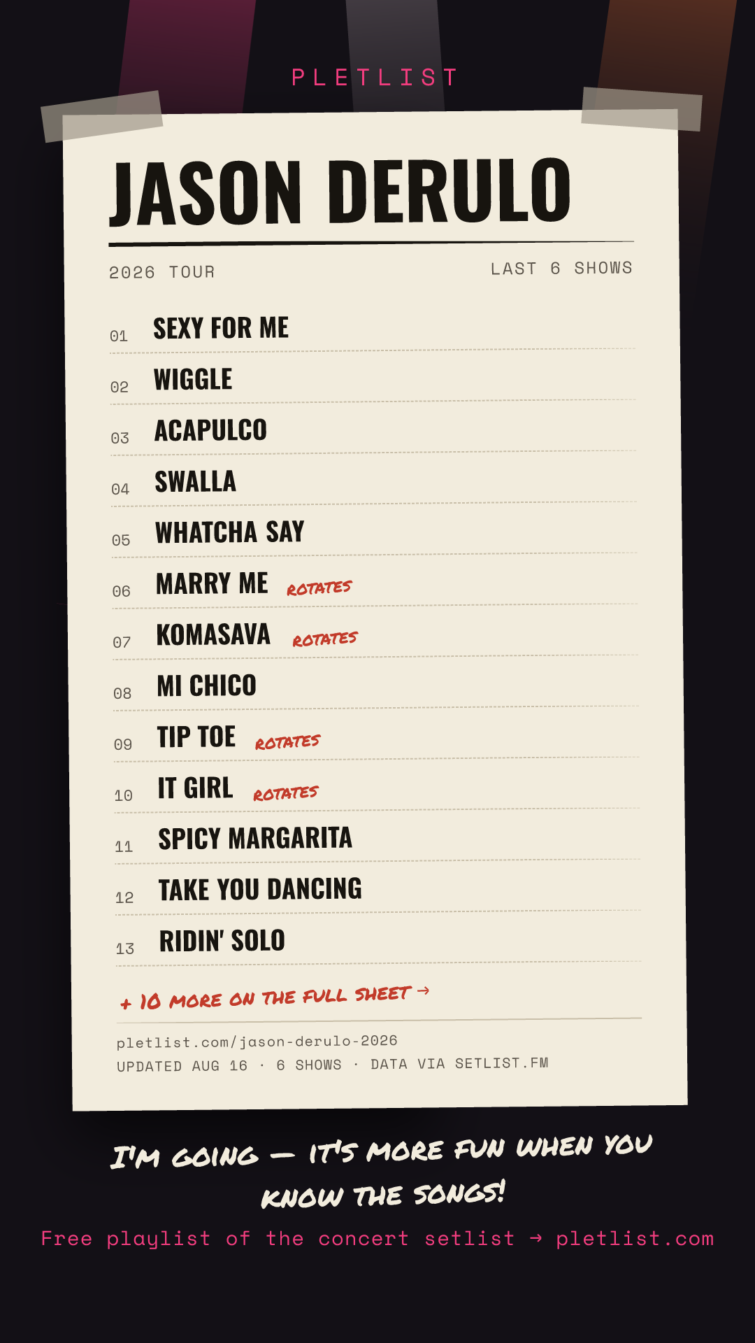 Shareable setlist sheet image for Jason Derulo