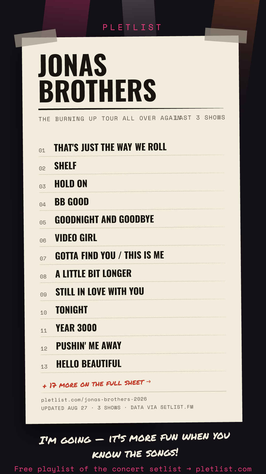 Shareable setlist sheet image for Jonas Brothers