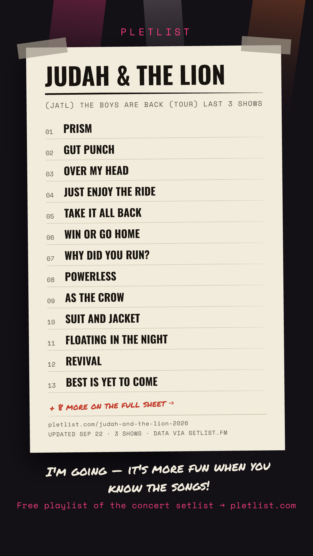Shareable setlist sheet image for Judah & the Lion