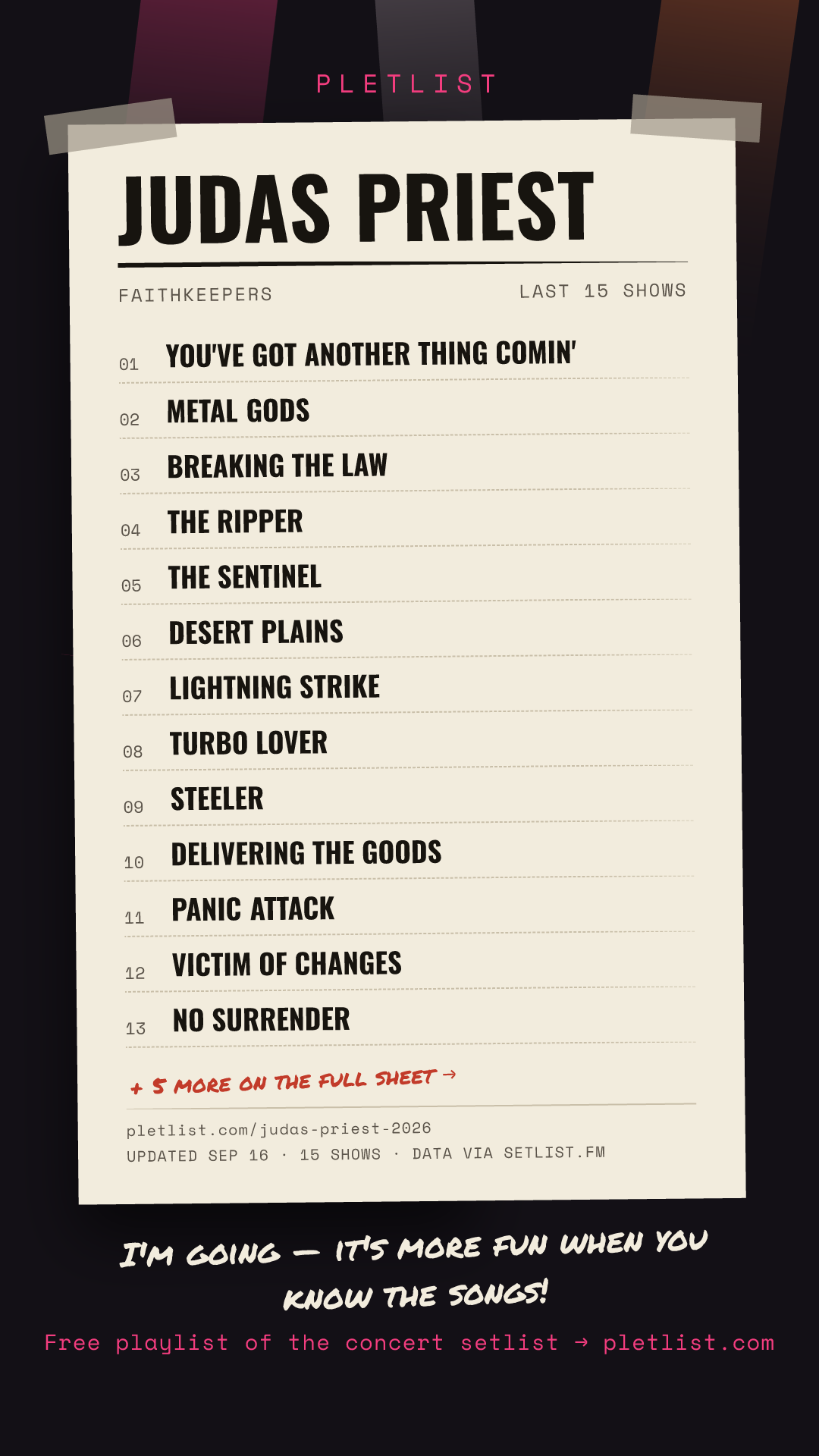 Shareable setlist sheet image for Judas Priest