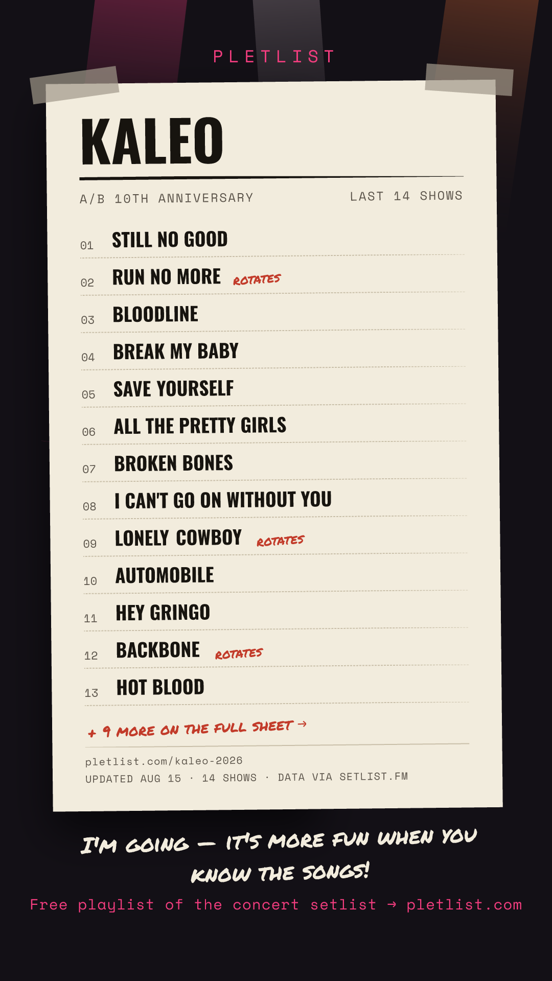 Shareable setlist sheet image for Kaleo