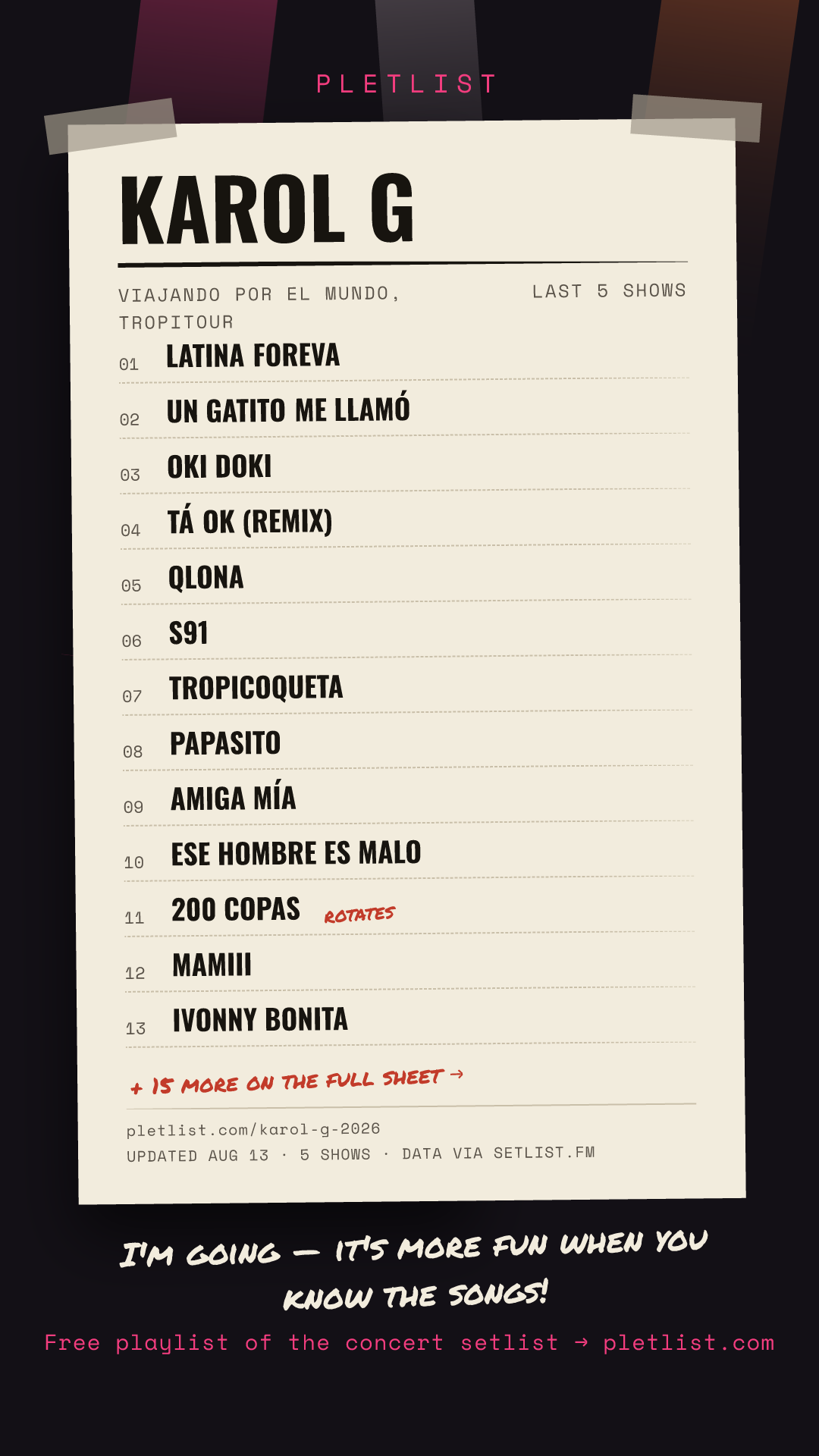 Shareable setlist sheet image for KAROL G