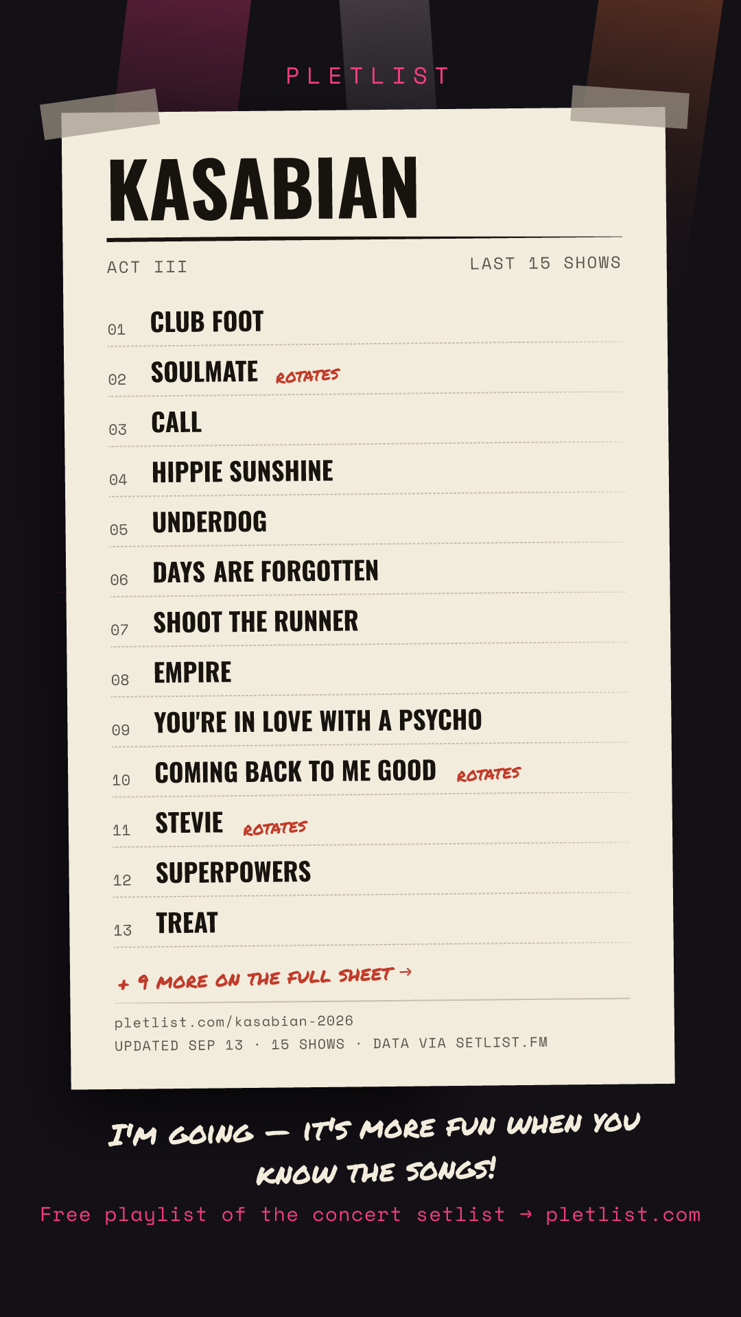 Shareable setlist sheet image for Kasabian