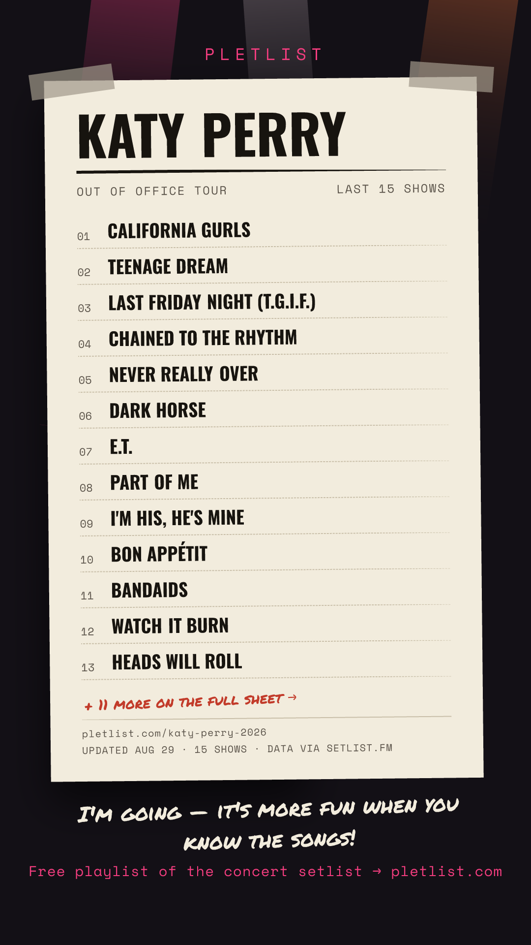 Shareable setlist sheet image for Katy Perry